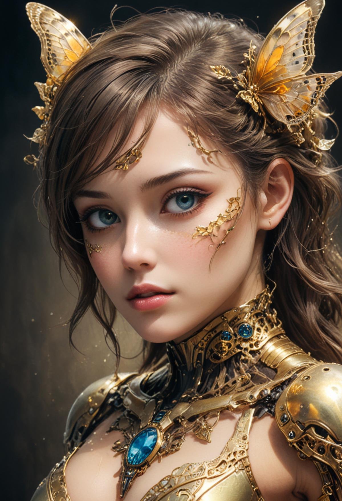 photo, 8k portrait of beautiful cyborg with brown hair, intricate, elegant, highly detailed, majestic, digital photography, art by artgerm and ruan jia and greg rutkowski surreal painting gold butterfly filigree, broken glass, (masterpiece, side lighting, finely detailed beautiful eyes: 1.2), hdr, realistic, high definition