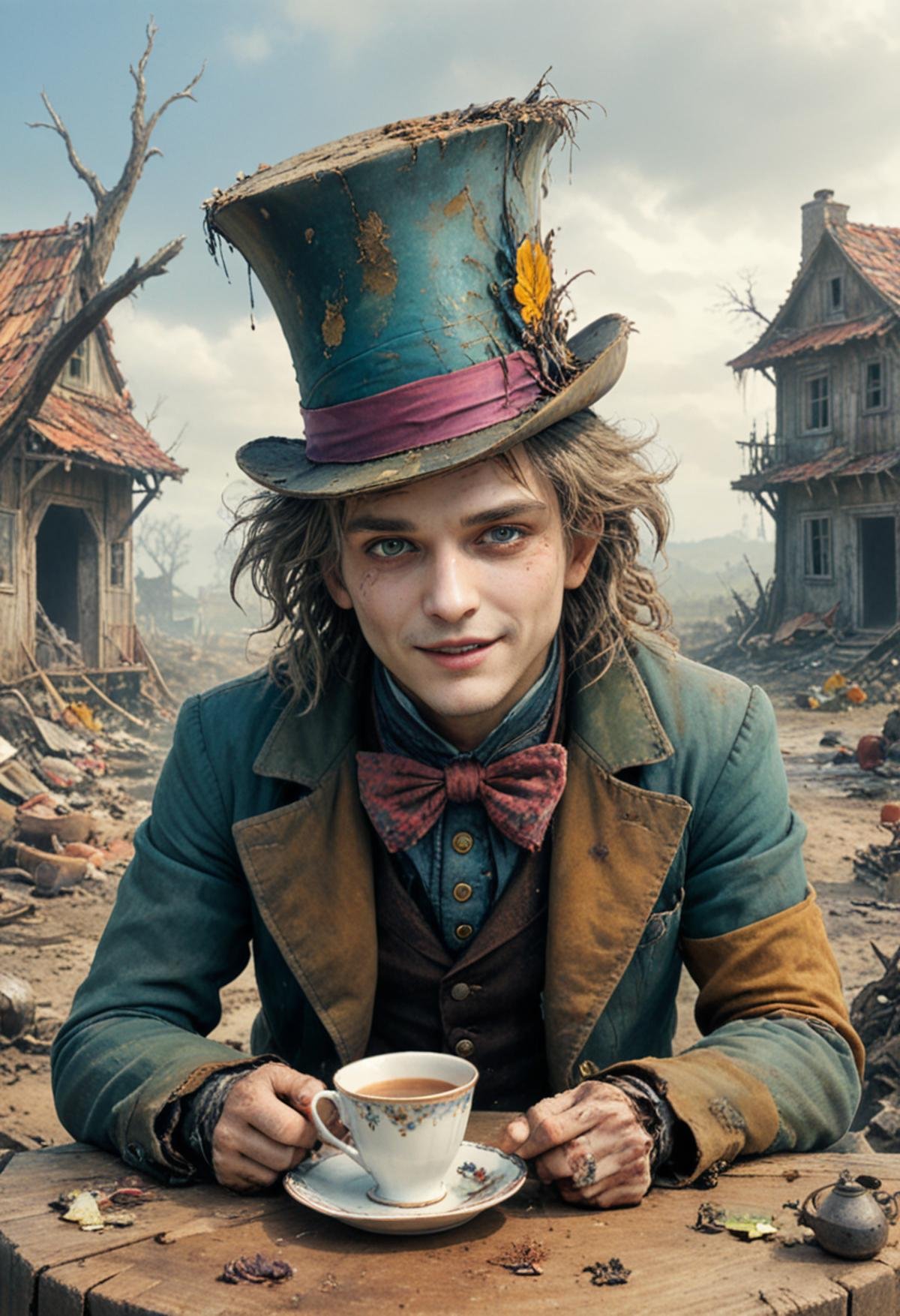 In this scene, the Mad Hatter from "Alice in Wonderland" is depicted in a state of disarray. His colorful, mismatched attire is tattered and dirty, and his iconic hat is worn and frayed. He sits at a table set for a tea party, but the cups and saucers are cracked and chipped, and the teapot is rusted and dented. The background shows a post-apocalyptic landscape, with crumbling buildings and twisted, dead trees. The sky is a dull, ashen color, with no sign of life or hope. Despite the bleakness of his surroundings, the Mad Hatter wears a wistful smile, as if reminiscing about better days long gone