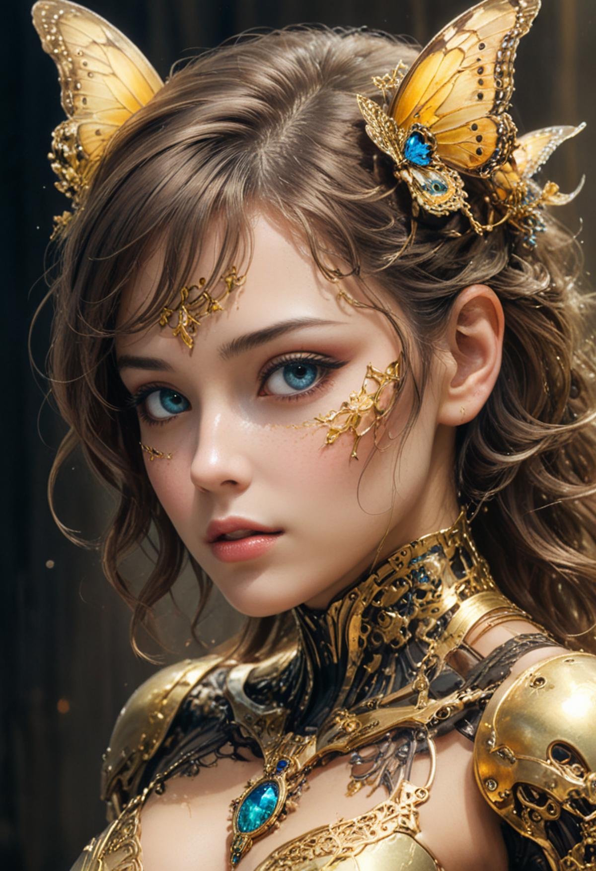 photo, 8k portrait of beautiful cyborg with brown hair, intricate, elegant, highly detailed, majestic, digital photography, art by artgerm and ruan jia and greg rutkowski surreal painting gold butterfly filigree, broken glass, (masterpiece, side lighting, finely detailed beautiful eyes: 1.2), hdr, realistic, high definition