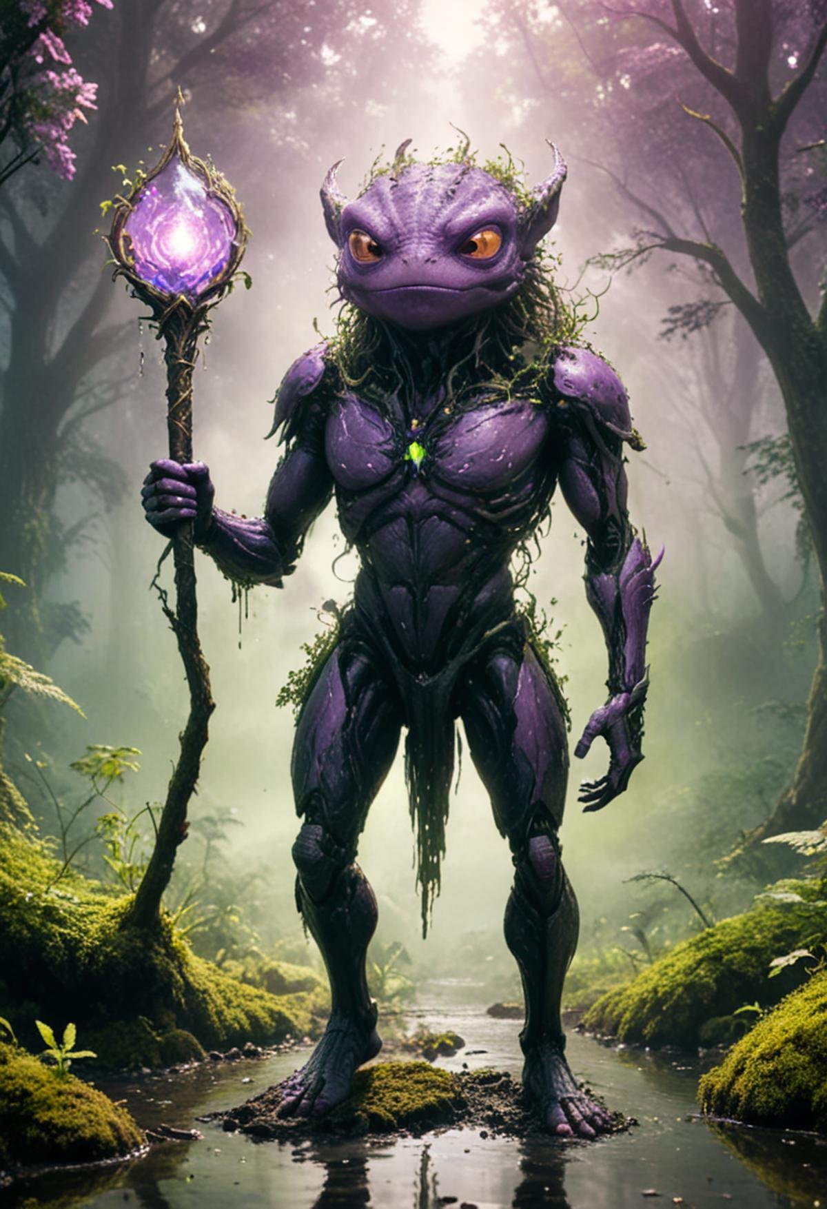 Cosmic Monster, one eye, in the middle of a forest, beautiful puddle, frogs, animals, alien, space, burly, wise, goatee, holding a scepter, soft render, ethereal, Black and purple, Cosmic Dream, Stunningly beautiful eye, Fantasy, dark fantasy, HD, Anime, Digital art, Detalied, Absurdres, highres, Hyperrealistic, 4k, 8k, intricate detail, extremely detailed, amazing quality, soft lighting, real colors, live colors, RTX_on, RTX_soft, RTX_hairsim