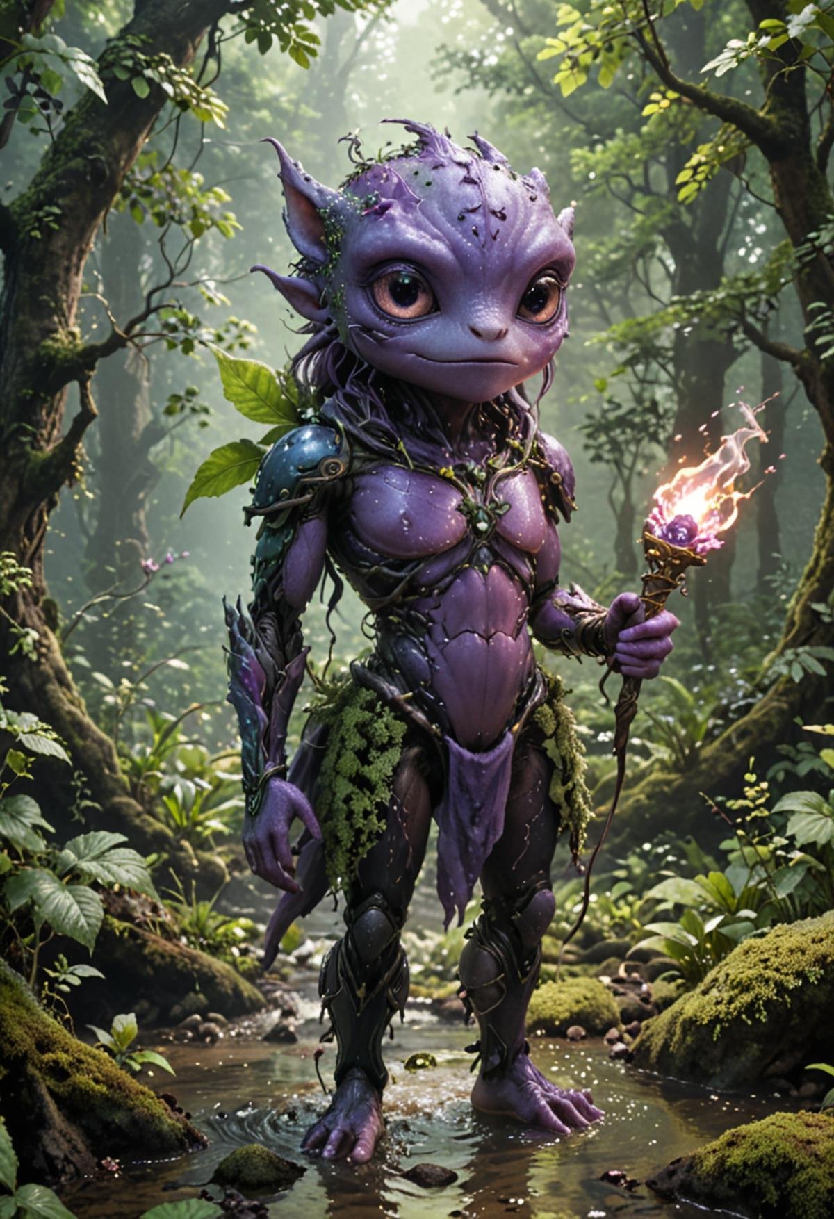 Cosmic Monster, one eye, in the middle of a forest, beautiful puddle, frogs, animals, alien, space, burly, wise, goatee, holding a scepter, soft render, ethereal, Black and purple, Cosmic Dream, Stunningly beautiful eye, Fantasy, dark fantasy, HD, Anime, Digital art, Detalied, Absurdres, highres, Hyperrealistic, 4k, 8k, intricate detail, extremely detailed, amazing quality, soft lighting, real colors, live colors, RTX_on, RTX_soft, RTX_hairsim