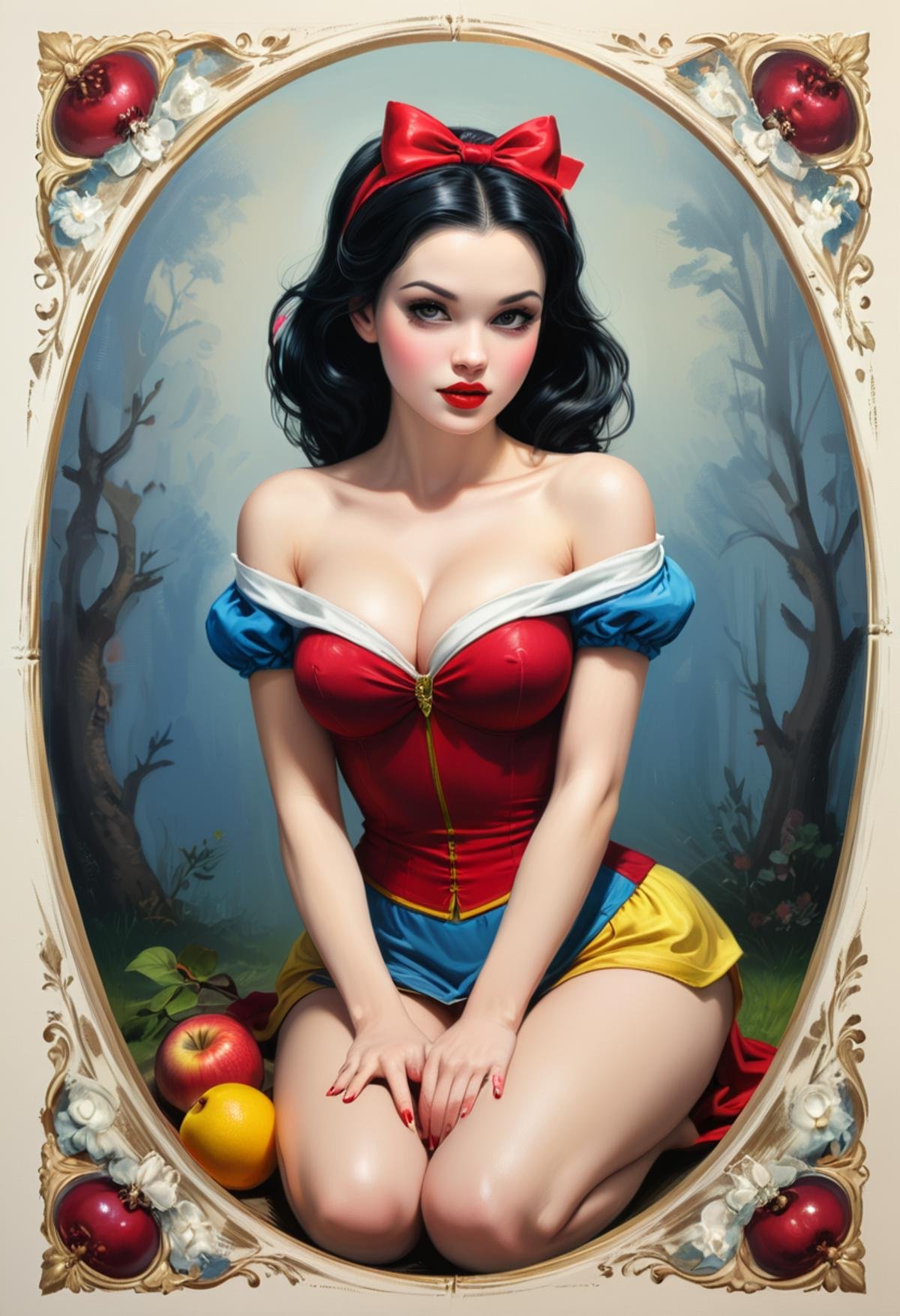 Pin up version of Snow White and the seven dwarfs painted in the style of Olivia De Berardinis