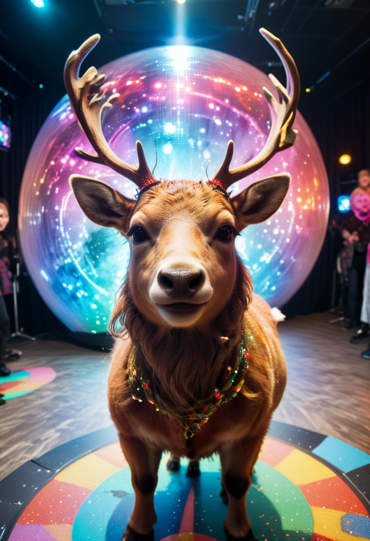 a reindeer takes a selfie in retro space disco with holographic dance floor, in the style of fisheye effects, funny mood, strong facial expression, wimmelbilder, tilt shift,