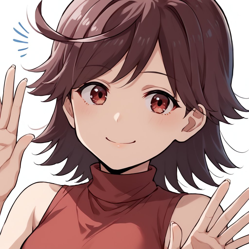 score_9, score_8_up, score_7_up, 1girl, akane_(etra_chan_saw_it), red eyes, medium hair, red shirt, sleeveless, turtleneck, sleeveless turtleneck, blue pants, upper body, waving, looking at viewer, perfecteyes, simple background, white background