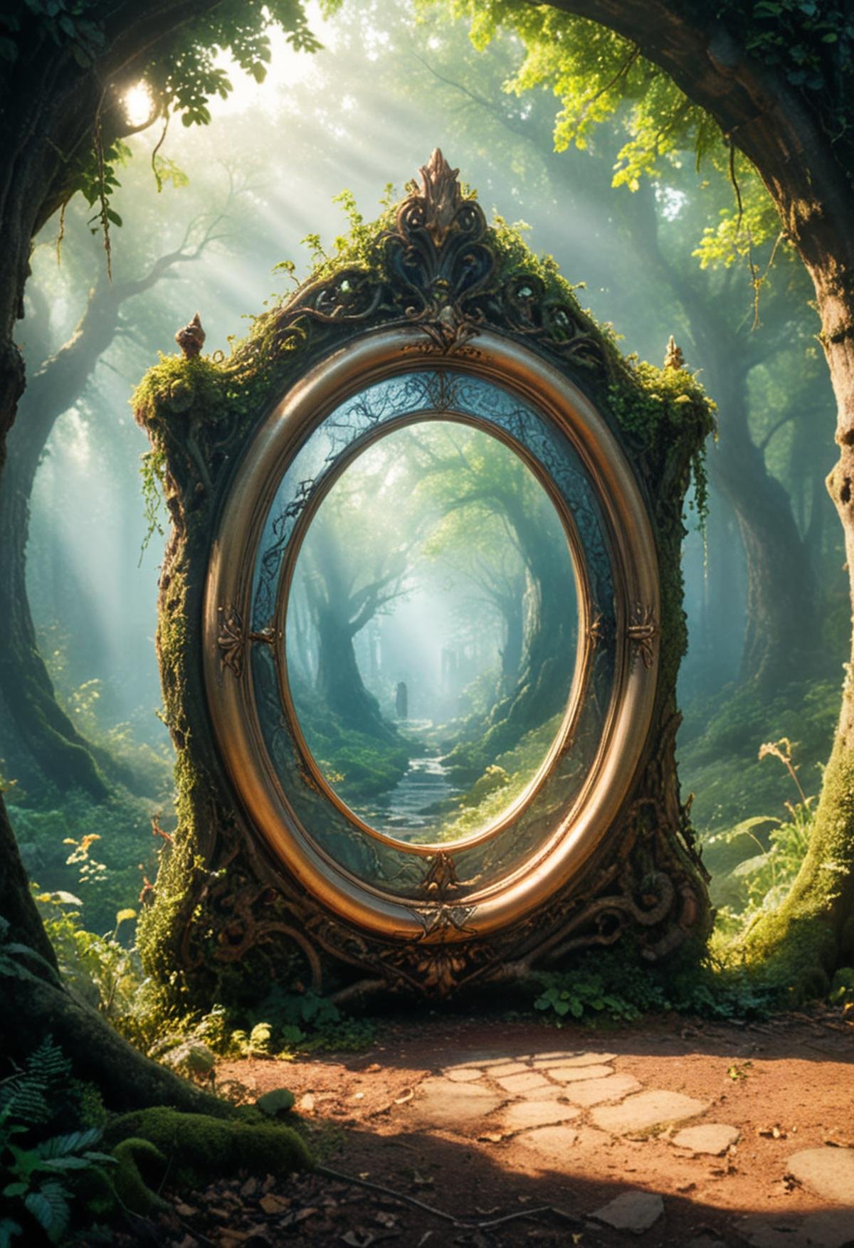 (masterpiece), (best quality), (ultra-detailed), cinematic still turn back time with a magic mirror in a mysterious enchanted forest.