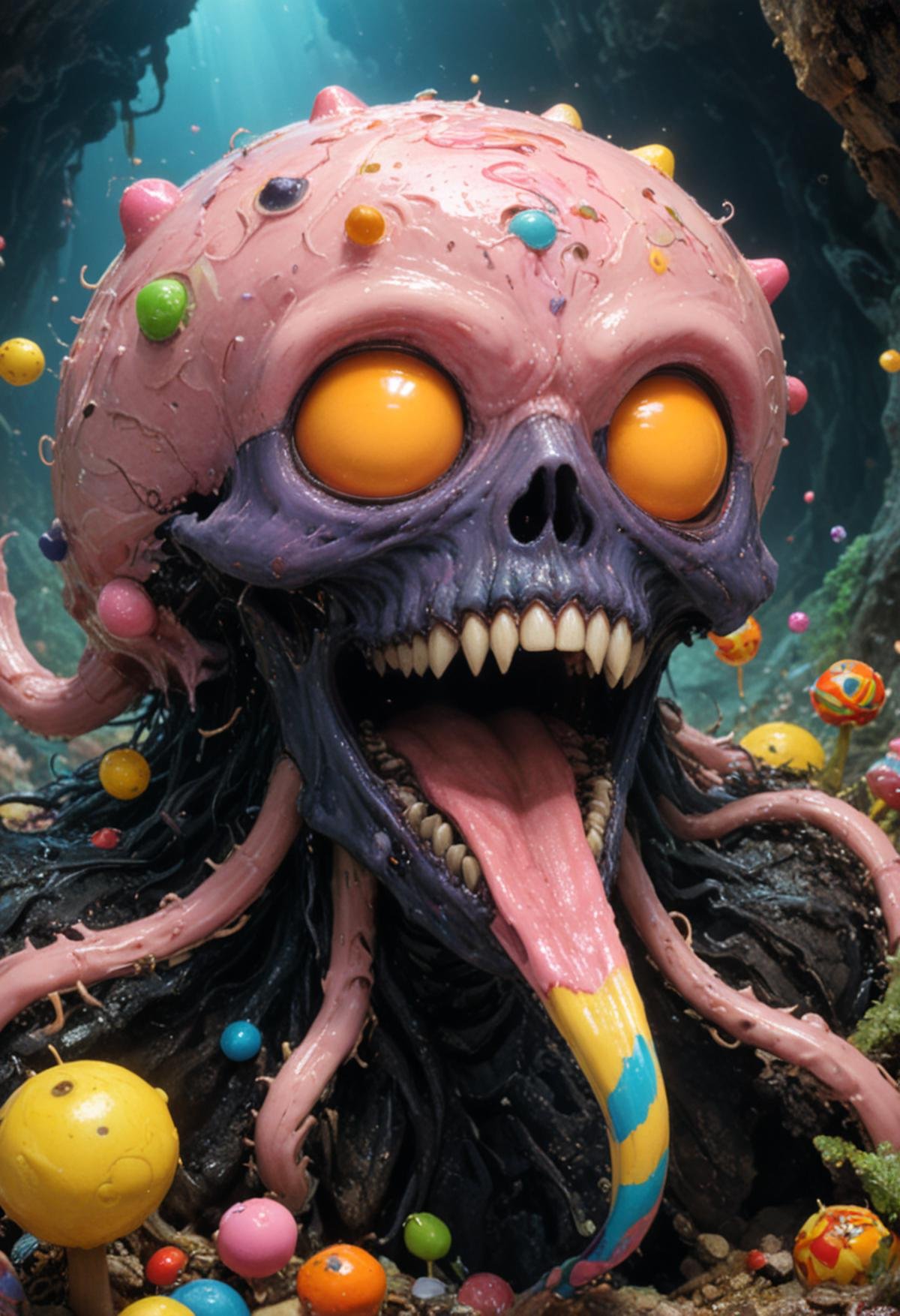 Terrifying eldritch candy-land dreamscape of sweet sugary nightmares and chocolatey horror, vivid colors, twisted trypophobic candy kingdom, full of frightful candy abominations, beautiful, ultra detailed, ultimate details, amazing details, super sharp details, masterful, (masterpiece:1.2), intricate details, best quality, high quality, rich vibrant vivid colors, ultra high res, cinematic still, 4k, 8k uhd, extremely intricate, extremely detailed, amazing, fine detail, high resolution, perfect, wonderful, ultrarealistic, photorealistic glowing, shine, shiny