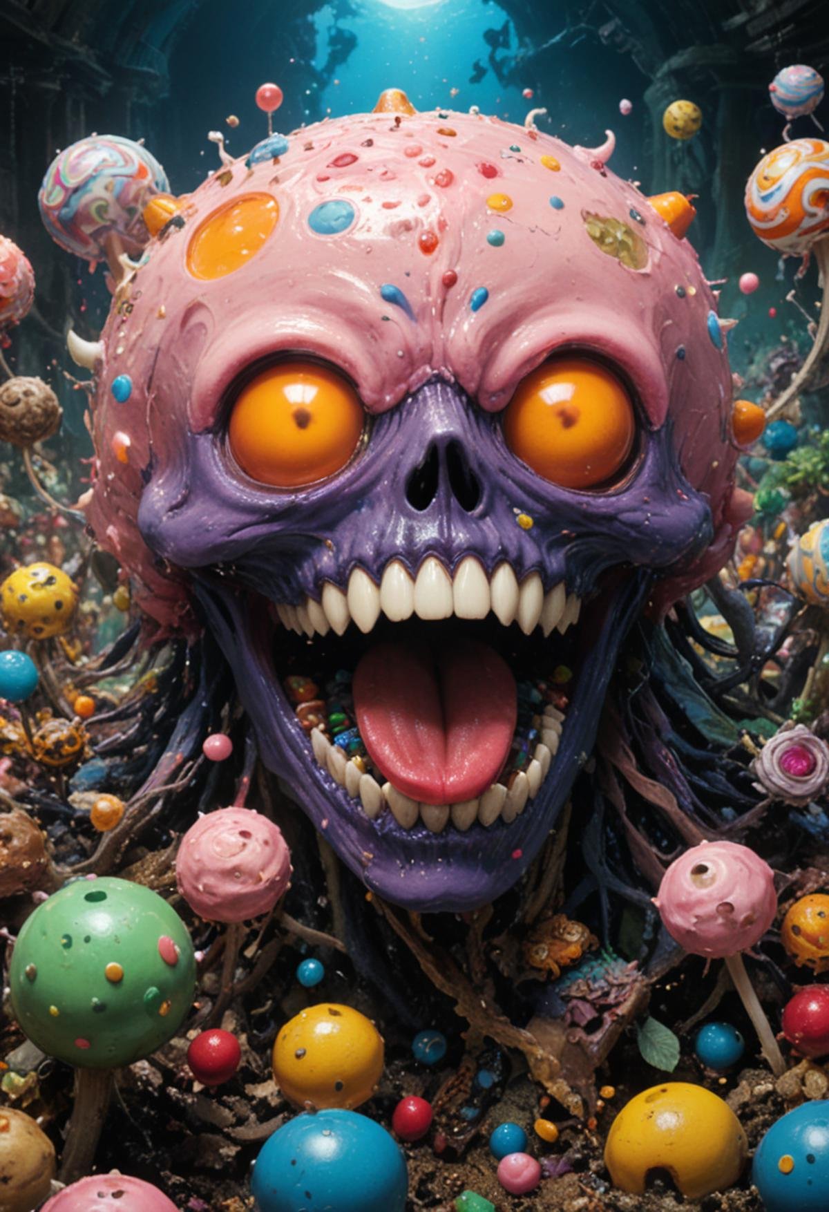 Terrifying eldritch candy-land dreamscape of sweet sugary nightmares and chocolatey horror, vivid colors, twisted trypophobic candy kingdom, full of frightful candy abominations, beautiful, ultra detailed, ultimate details, amazing details, super sharp details, masterful, (masterpiece:1.2), intricate details, best quality, high quality, rich vibrant vivid colors, ultra high res, cinematic still, 4k, 8k uhd, extremely intricate, extremely detailed, amazing, fine detail, high resolution, perfect, wonderful, ultrarealistic, photorealistic glowing, shine, shiny