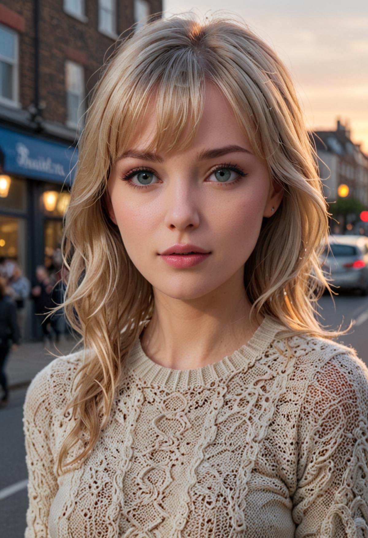 1girl,   Close-up, (beautiful girl, make up), (Age 25), (happy, light blonde hair,  lips, parted bangs, London, England, dusk:1.2), , HD, lens flare, cable knit sweater, pleated skirt, and loafers, looking at viewer, (RAW Photo, cg unity, photography, ultra realistic details, sharp focus, detailed skin,4k, high-res, masterpiece, best quality:1.1), (realistic, photo-realistic:1.37) (8k,4k, UHD, high resolution, professional, cinematic, movie, dramatic, noise), (detailed background:1.25), bokeh anamorphic depth of field blur background