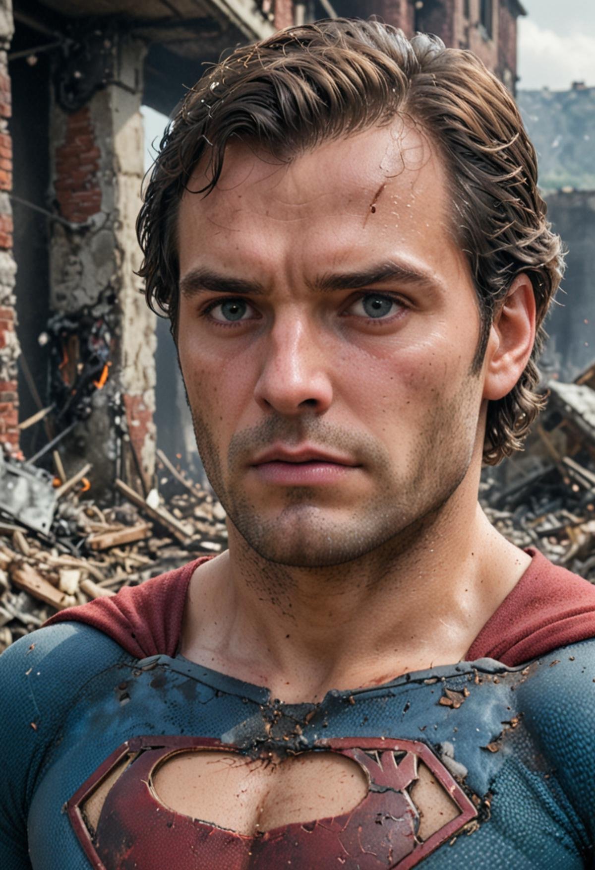 Photo of Henry cavill is superman , Age 25, superhero, upper body,cinematic, movie, grain movie (2020s), building destroyed , realistic , (8k, RAW photo, best quality, masterpiece:1.2), (realistic, photo-realistic:1.33), best quality, detailed eyes blue, cute,natural lighting, depth of field, film grain, wrinkled skin, sharp,