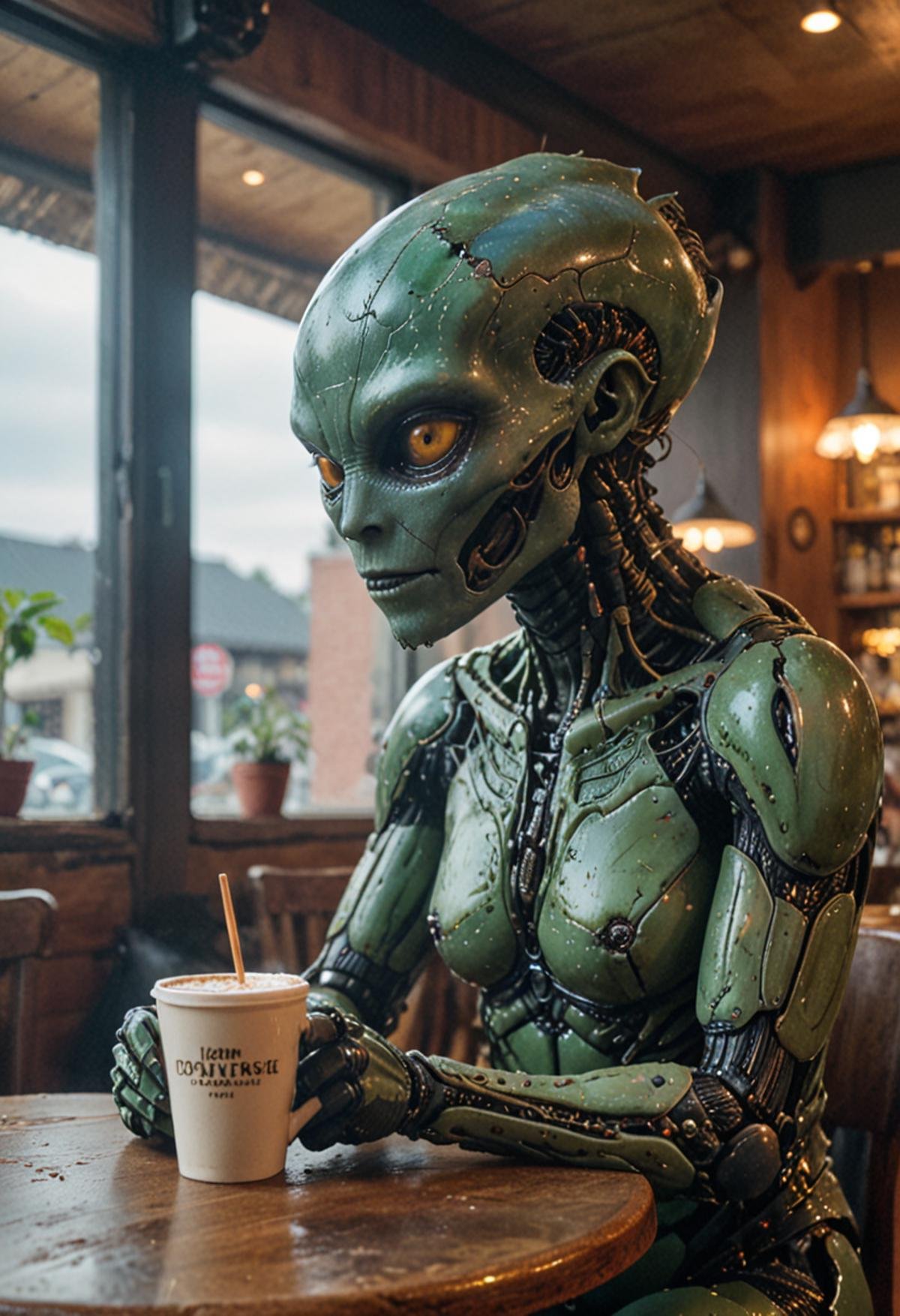 cinematic film still Alien sitting in the cafe thinking of life and drinking coffee, RAW photo, (high detailed skin:1.2), 8k uhd, dslr, soft lighting, high quality, film grain, Fujifilm XT3 . shallow depth of field, vignette, highly detailed, high budget, bokeh, cinemascope, moody, epic, gorgeous, film grain, grainy