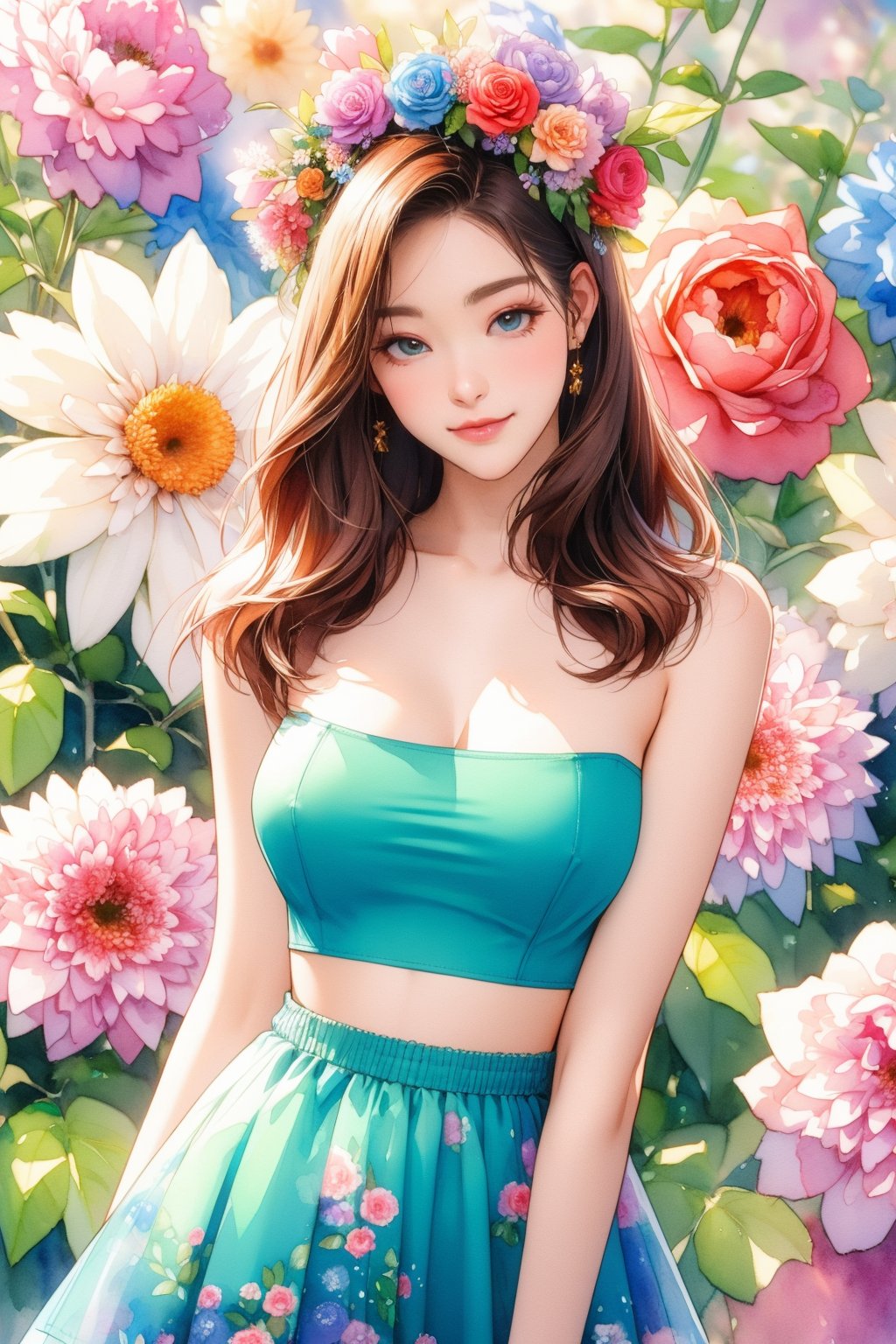 busty and sexy girl, 8k, masterpiece, ultra-realistic, best quality, high resolution, high definition, water color, floral background, flower dress, tube top, floral headdress