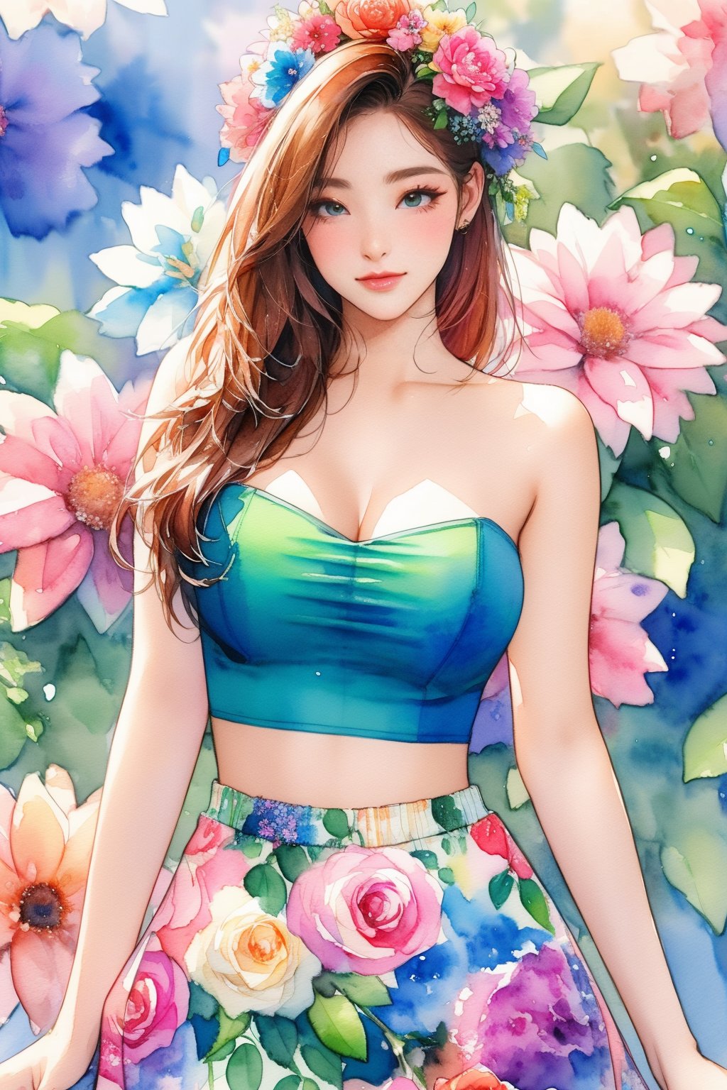 busty and sexy girl, 8k, masterpiece, ultra-realistic, best quality, high resolution, high definition, ((water color)), floral background, flower dress, tube top, floral headdress