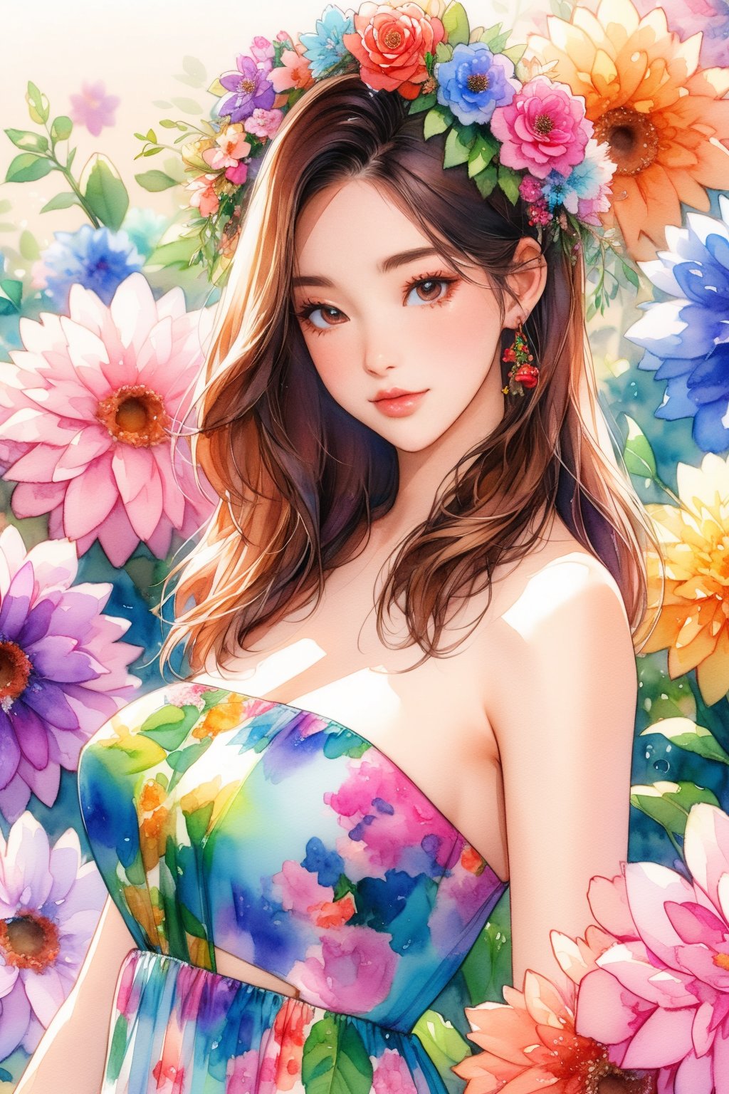 busty and sexy girl, 8k, masterpiece, ultra-realistic, best quality, high resolution, high definition, (water color), floral background, flower dress, tube top, floral headdress