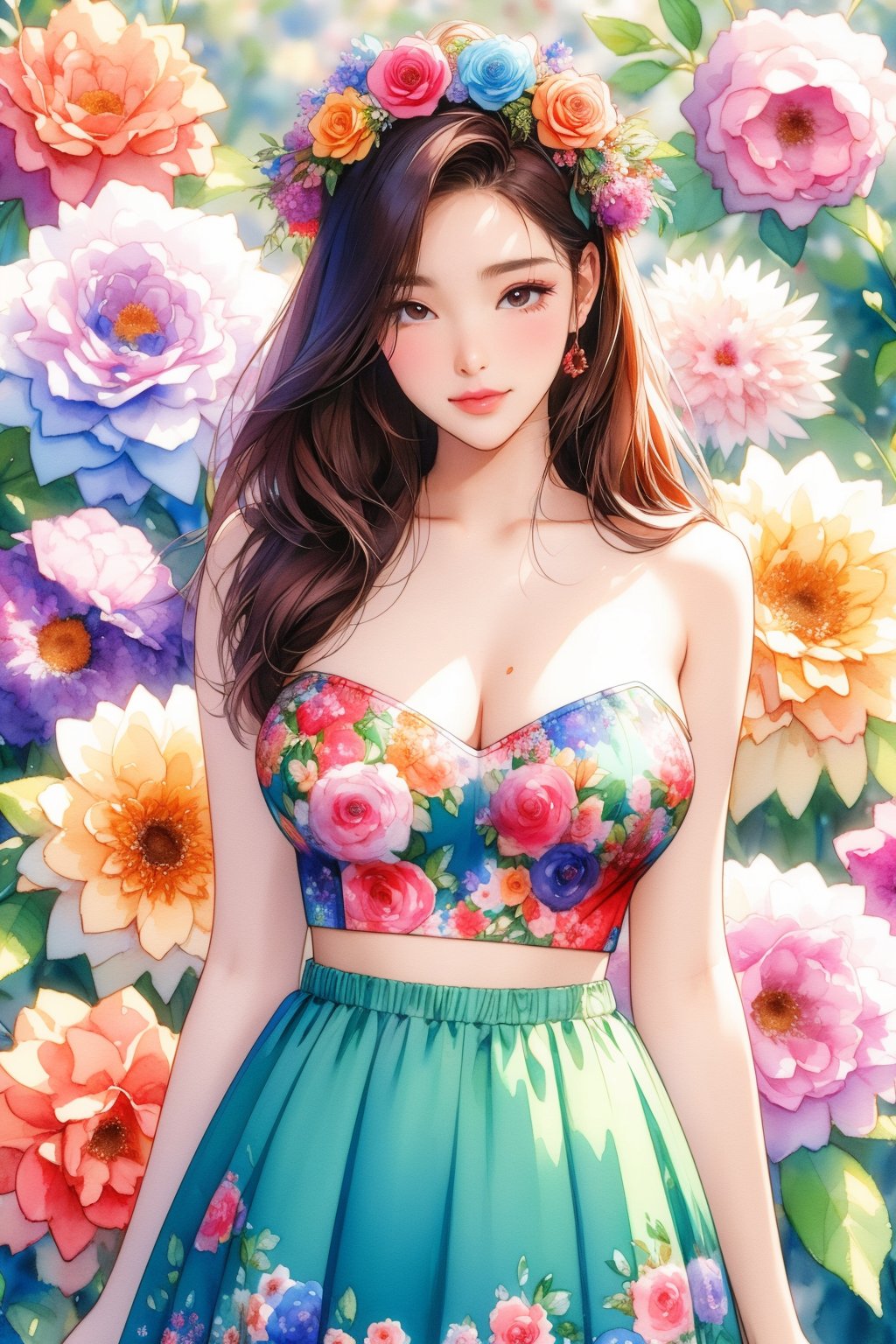 busty and sexy girl, 8k, masterpiece, ultra-realistic, best quality, high resolution, high definition, water color, floral background, flower dress, tube top, floral headdress