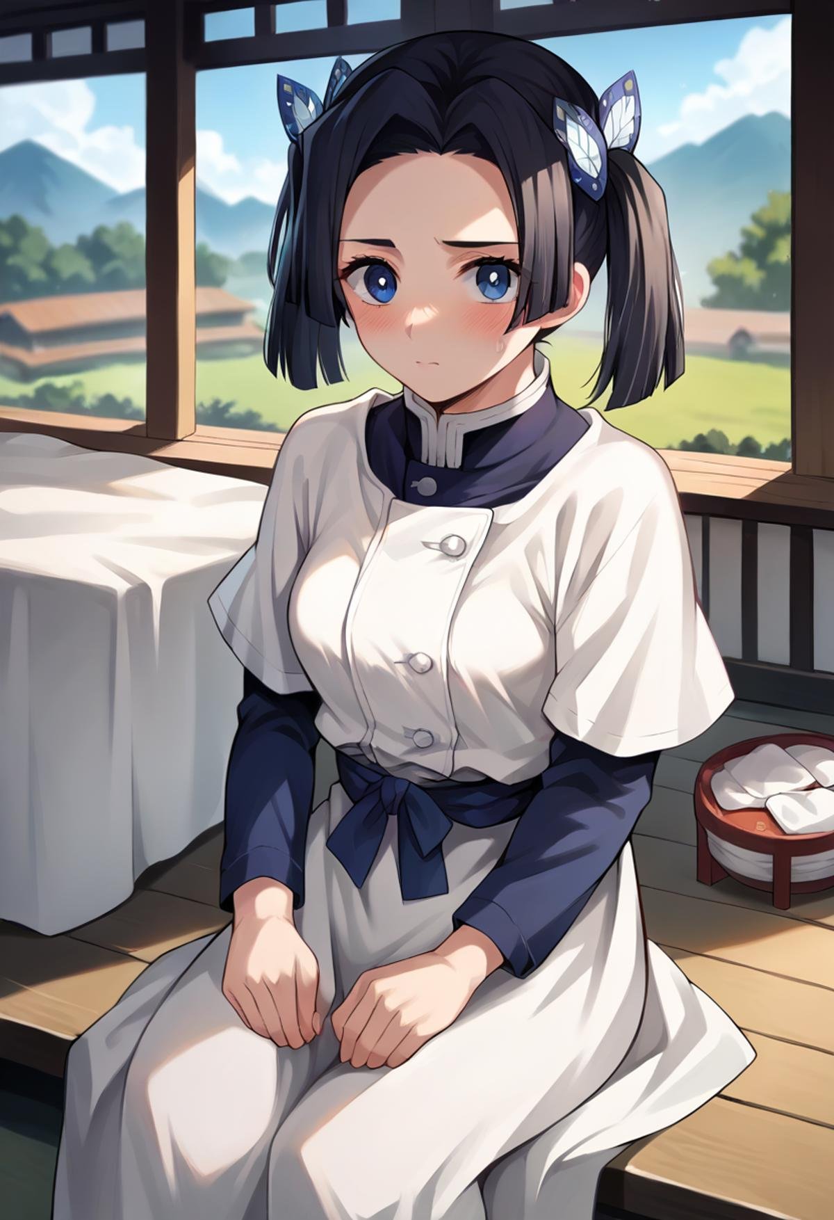 score_9, score_8_up, score_7_up, score_6_up, source_anime, masterpiece, 1girl, medium breasts, ct_a01, white apron, short over long sleeves, sash, looking at viewer, indoors, japanese house, blush, depth of field, sitting, <lora:Aoi_Kanzaki_white_ct:1>