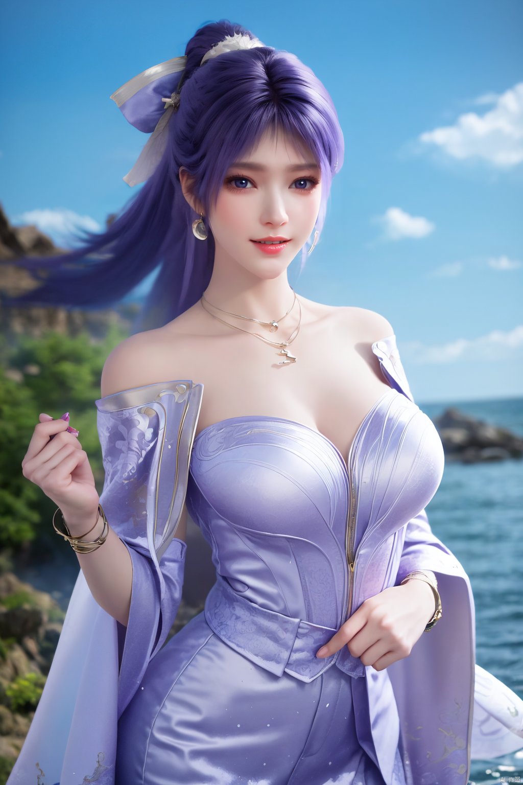  best quality, masterpiece, realistic, ,(Good structure),Depth of field,kind smile,looking_at_viewer,Dynamic pose, 
1girl, solo, long hair, , looking at viewer, blush, , bangs, blue eyes,, dress, bow, , bare shoulders, jewelry, very long hair, collarbone, ponytail, white hair, hair bow, thighs, outdoors, sky, sleeveless, day, cloud, water, necklace, white dress, hair over one eye, bracelet, blue sky, blue bow, wading, pendant, doll, skirt hold, rainbow, anastasia \(fate\), jiziyue,purple_hair ,r,(big breasts:1.29),