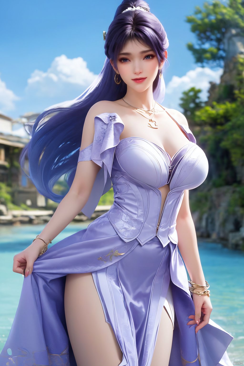  best quality, masterpiece, realistic, ,(Good structure),Depth of field,kind smile,looking_at_viewer,Dynamic pose, 
1girl, solo, long hair, , looking at viewer, blush, , bangs, blue eyes,, dress, bow, , bare shoulders, jewelry, very long hair, collarbone, ponytail, white hair, hair bow, thighs, outdoors, sky, sleeveless, day, cloud, water, necklace, white dress, hair over one eye, bracelet, blue sky, blue bow, wading, pendant, doll, skirt hold, rainbow, anastasia \(fate\), jiziyue,purple_hair ,r,(big breasts:1.39),