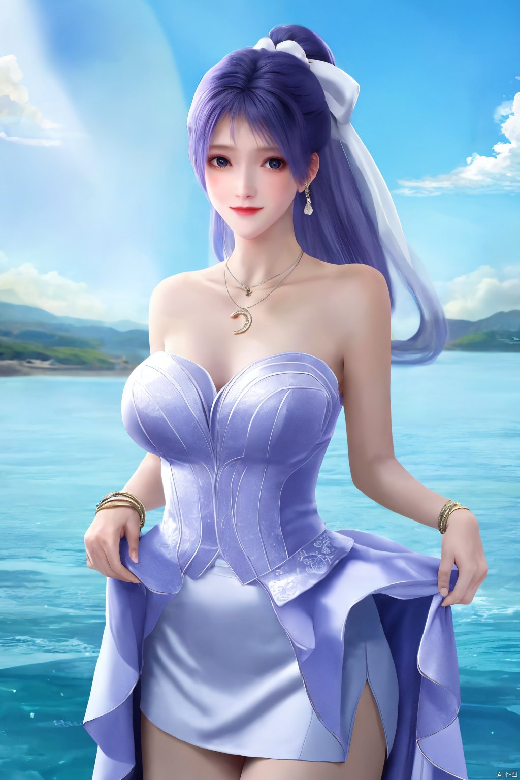  best quality, masterpiece, realistic, ,(Good structure),Depth of field,kind smile,looking_at_viewer,Dynamic pose, 
1girl, solo, long hair, , looking at viewer, blush, , bangs, blue eyes,, dress, bow, , bare shoulders, jewelry, very long hair, collarbone, ponytail, white hair, hair bow, thighs, outdoors, sky, sleeveless, day, cloud, water, necklace, white dress, hair over one eye, bracelet, blue sky, blue bow, wading, pendant, doll, skirt hold, rainbow, anastasia \(fate\), jiziyue,purple_hair,(big breasts:1.39),