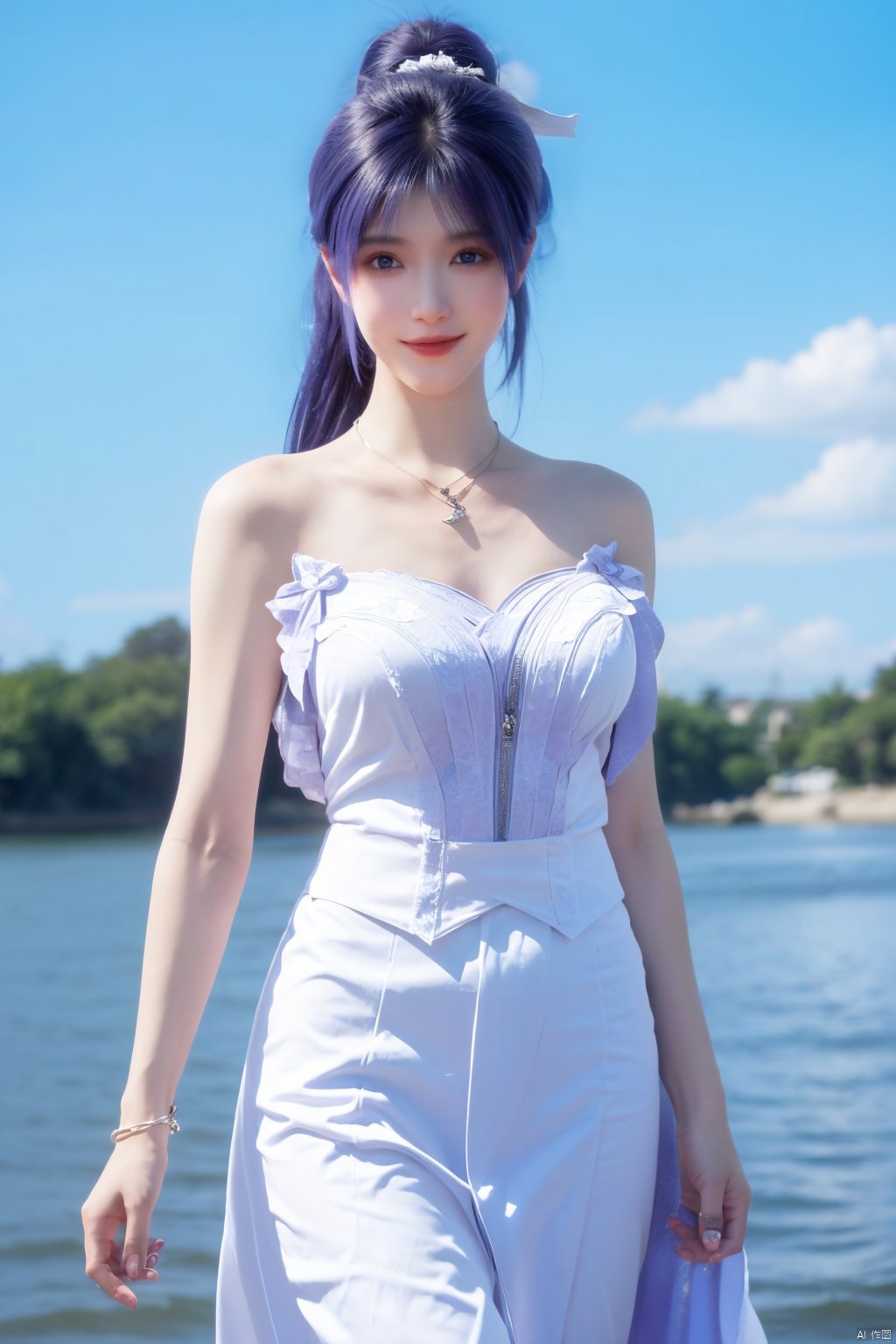  best quality, masterpiece, realistic, ,(Good structure),Depth of field,kind smile,looking_at_viewer,Dynamic pose, 
1girl, solo, long hair, , looking at viewer, blush, , bangs, blue eyes,, dress, bow, , bare shoulders, jewelry, very long hair, collarbone, ponytail, white hair, hair bow, thighs, outdoors, sky, sleeveless, day, cloud, water, necklace, white dress, hair over one eye, bracelet, blue sky, blue bow, wading, pendant, doll, skirt hold, rainbow, anastasia \(fate\), jiziyue,purple_hair,(big breasts:1.39),