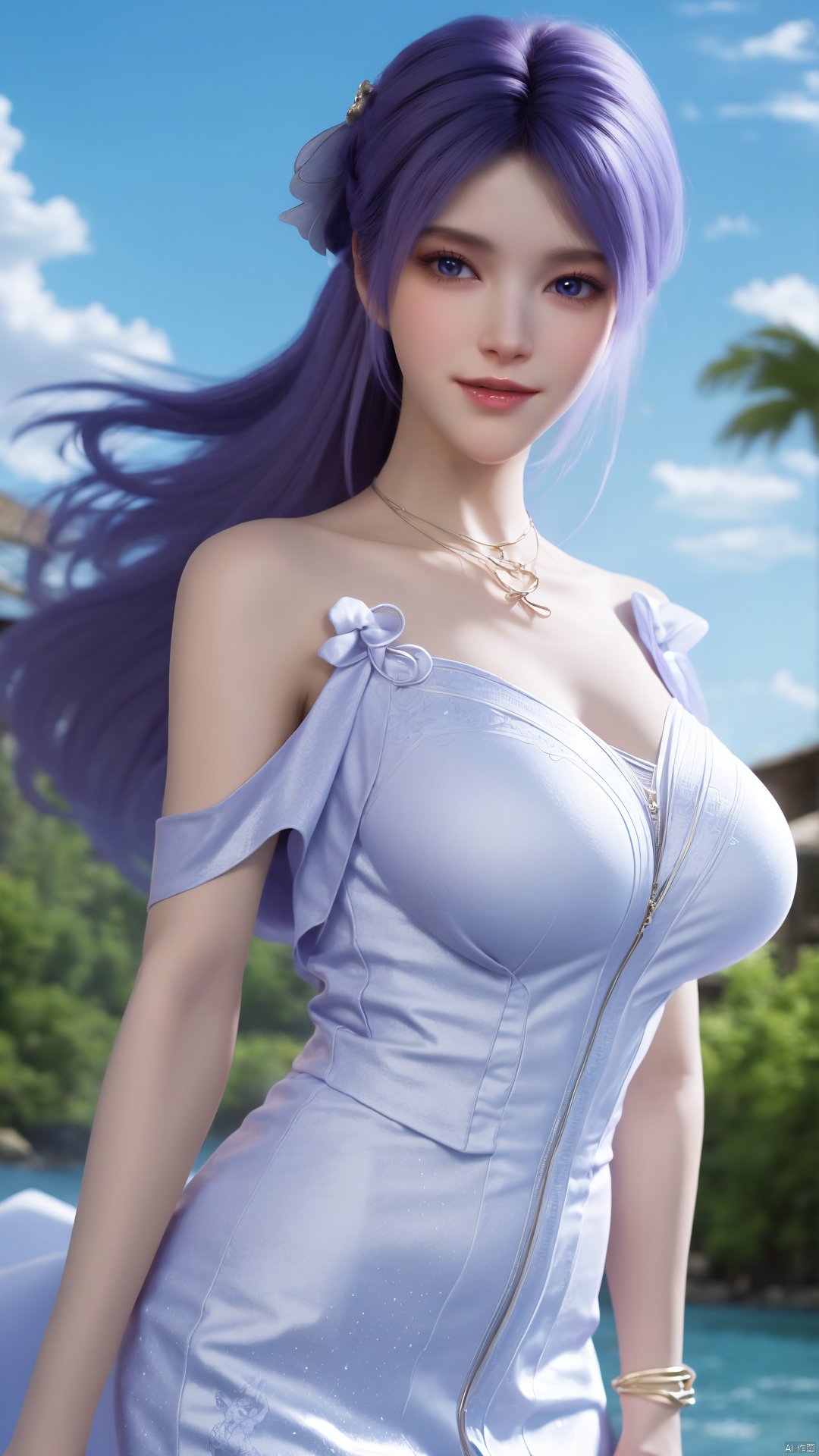  best quality, masterpiece, realistic, ,(Good structure),Depth of field,kind smile,looking_at_viewer,Dynamic pose, 
1girl, solo, long hair, , looking at viewer, blush, , bangs, blue eyes,, dress, bow, , bare shoulders, jewelry, very long hair, collarbone, ponytail, white hair, hair bow, thighs, outdoors, sky, sleeveless, day, cloud, water, necklace, white dress, hair over one eye, bracelet, blue sky, blue bow, wading, pendant, doll, skirt hold, rainbow, anastasia \(fate\), jiziyue,purple_hair,(big breasts:1.39),