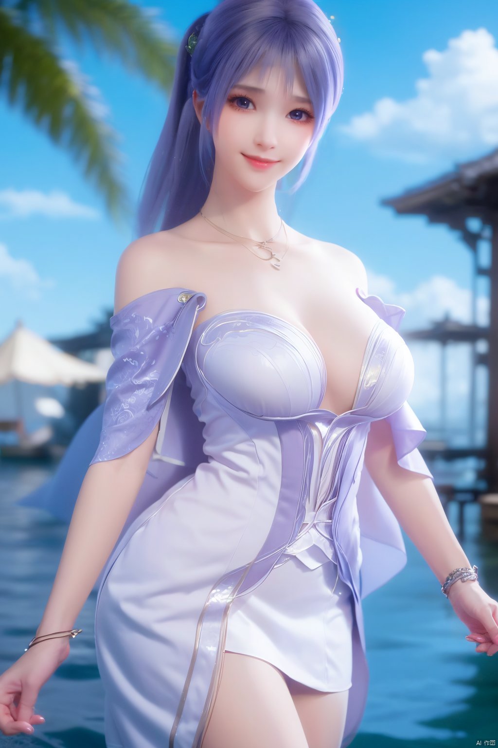  best quality, masterpiece, realistic, ,(Good structure),Depth of field,kind smile,looking_at_viewer,Dynamic pose, 
1girl, solo, long hair, , looking at viewer, blush, , bangs, blue eyes,, dress, bow, , bare shoulders, jewelry, very long hair, collarbone, ponytail, white hair, hair bow, thighs, outdoors, sky, sleeveless, day, cloud, water, necklace, white dress, hair over one eye, bracelet, blue sky, blue bow, wading, pendant, doll, skirt hold, rainbow, anastasia \(fate\), jiziyue,purple_hair ,r,(big breasts:1.39),