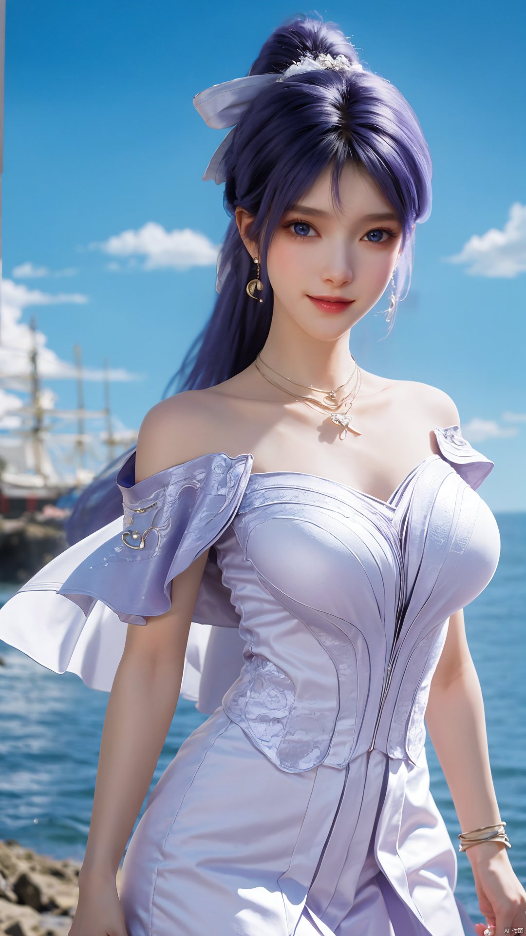  best quality, masterpiece, realistic, ,(Good structure),Depth of field,kind smile,looking_at_viewer,Dynamic pose, 
1girl, solo, long hair, , looking at viewer, blush, , bangs, blue eyes,, dress, bow, , bare shoulders, jewelry, very long hair, collarbone, ponytail, white hair, hair bow, thighs, outdoors, sky, sleeveless, day, cloud, water, necklace, white dress, hair over one eye, bracelet, blue sky, blue bow, wading, pendant, doll, skirt hold, rainbow, anastasia \(fate\), jiziyue,purple_hair,(big breasts:1.39),