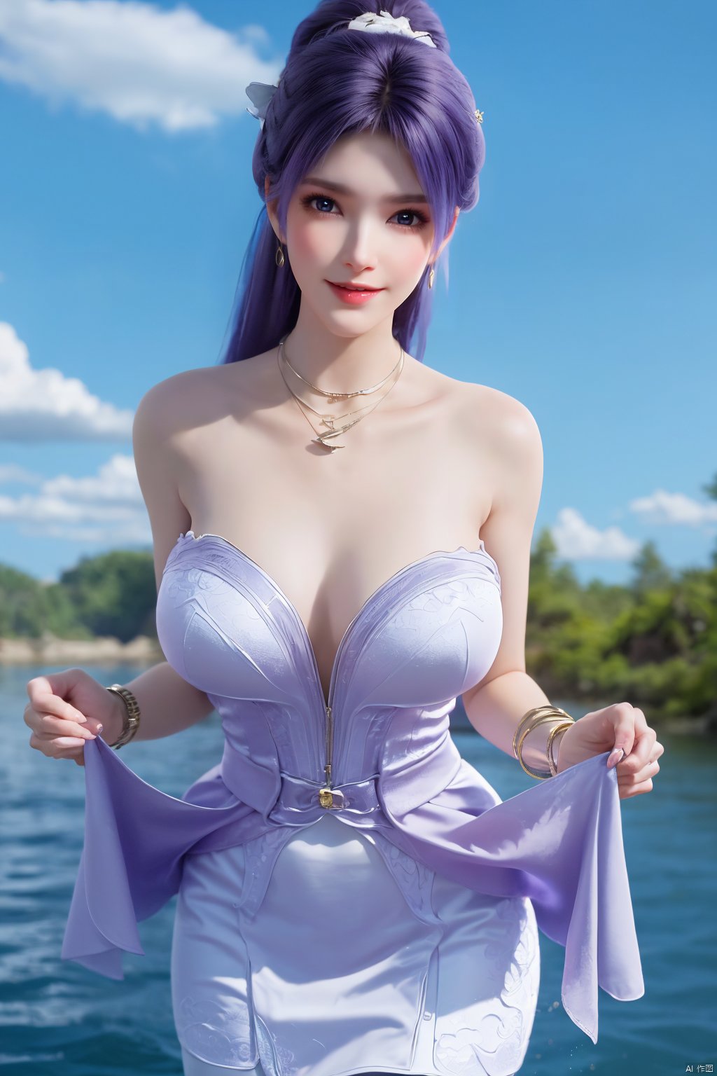  best quality, masterpiece, realistic, ,(Good structure),Depth of field,kind smile,looking_at_viewer,Dynamic pose, 
1girl, solo, long hair, , looking at viewer, blush, , bangs, blue eyes,, dress, bow, , bare shoulders, jewelry, very long hair, collarbone, ponytail, white hair, hair bow, thighs, outdoors, sky, sleeveless, day, cloud, water, necklace, white dress, hair over one eye, bracelet, blue sky, blue bow, wading, pendant, doll, skirt hold, rainbow, anastasia \(fate\), jiziyue,purple_hair ,r,(big breasts:1.29),