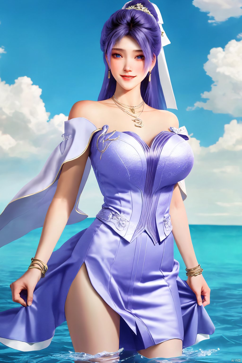  best quality, masterpiece, realistic, ,(Good structure),Depth of field,kind smile,looking_at_viewer,Dynamic pose, 
1girl, solo, long hair, , looking at viewer, blush, , bangs, blue eyes,, dress, bow, , bare shoulders, jewelry, very long hair, collarbone, ponytail, white hair, hair bow, thighs, outdoors, sky, sleeveless, day, cloud, water, necklace, white dress, hair over one eye, bracelet, blue sky, blue bow, wading, pendant, doll, skirt hold, rainbow, anastasia \(fate\), jiziyue,purple_hair,(big breasts:1.39),