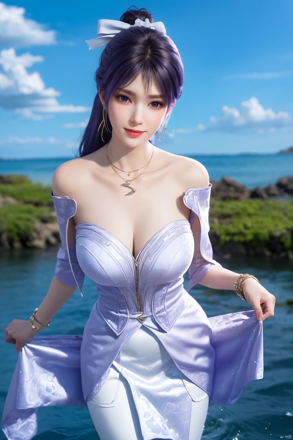  best quality, masterpiece, realistic, ,(Good structure),Depth of field,kind smile,looking_at_viewer,Dynamic pose, 
1girl, solo, long hair, , looking at viewer, blush, , bangs, blue eyes,, dress, bow, , bare shoulders, jewelry, very long hair, collarbone, ponytail, white hair, hair bow, thighs, outdoors, sky, sleeveless, day, cloud, water, necklace, white dress, hair over one eye, bracelet, blue sky, blue bow, wading, pendant, doll, skirt hold, rainbow, anastasia \(fate\), jiziyue,purple_hair ,r,(big breasts:1.29),