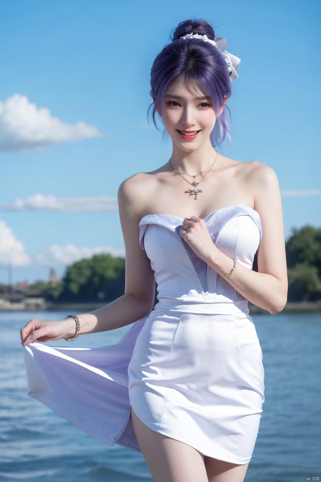  best quality, masterpiece, realistic, ,(Good structure),Depth of field,kind smile,looking_at_viewer,Dynamic pose, 
1girl, solo, long hair, , looking at viewer, blush, , bangs, blue eyes,, dress, bow, , bare shoulders, jewelry, very long hair, collarbone, ponytail, white hair, hair bow, thighs, outdoors, sky, sleeveless, day, cloud, water, necklace, white dress, hair over one eye, bracelet, blue sky, blue bow, wading, pendant, doll, skirt hold, rainbow, anastasia \(fate\), jiziyue,purple_hair ,r,(big breasts:1.39),