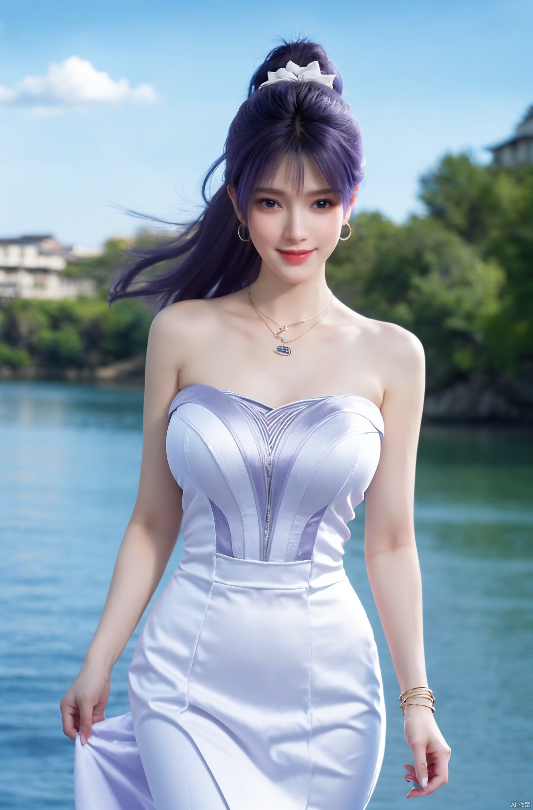  best quality, masterpiece, realistic, ,(Good structure),Depth of field,kind smile,looking_at_viewer,Dynamic pose, 
1girl, solo, long hair, , looking at viewer, blush, , bangs, blue eyes,, dress, bow, , bare shoulders, jewelry, very long hair, collarbone, ponytail, white hair, hair bow, thighs, outdoors, sky, sleeveless, day, cloud, water, necklace, white dress, hair over one eye, bracelet, blue sky, blue bow, wading, pendant, doll, skirt hold, rainbow, anastasia \(fate\), jiziyue,purple_hair ,r,(big breasts:1.29),