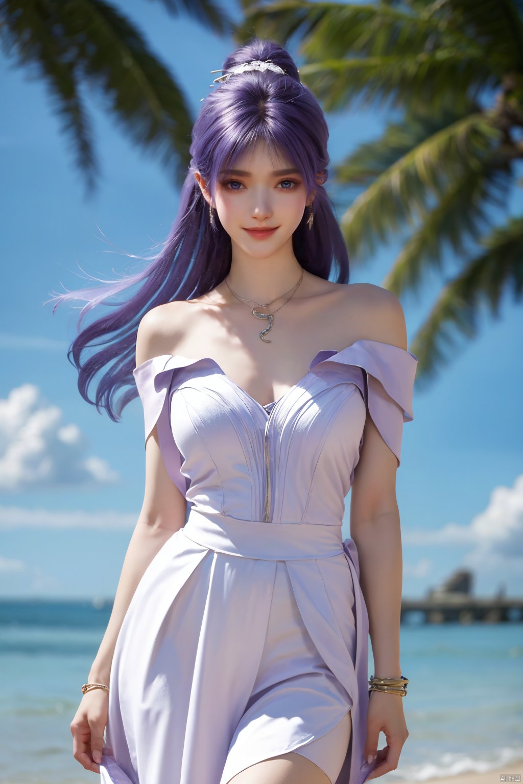  best quality, masterpiece, realistic, ,(Good structure),Depth of field,kind smile,looking_at_viewer,Dynamic pose, 
1girl, solo, long hair, , looking at viewer, blush, , bangs, blue eyes,, dress, bow, , bare shoulders, jewelry, very long hair, collarbone, ponytail, white hair, hair bow, thighs, outdoors, sky, sleeveless, day, cloud, water, necklace, white dress, hair over one eye, bracelet, blue sky, blue bow, wading, pendant, doll, skirt hold, rainbow, anastasia \(fate\), jiziyue,purple_hair,(big breasts:1.39),