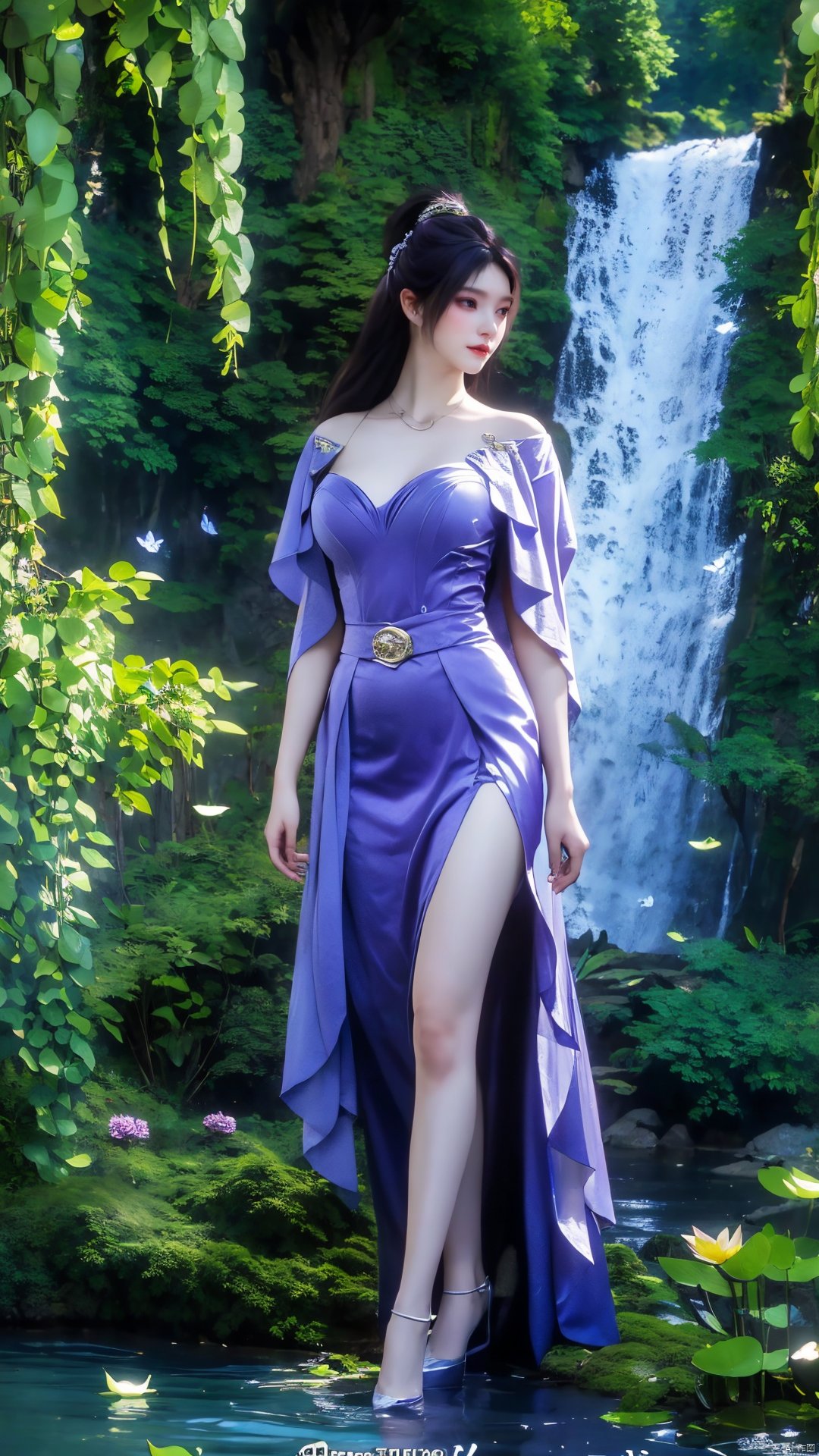  masterpiece,(best quality),official art,(extremely delicate and beautiful),solo,full_body,wonderland,scarlet_moon,moonlight, 1girl,Xjiziyue,,(big breasts:1.59),X-Hydrangea,(flowers,Waterfall, lotus, willow, butterfly:1.23),