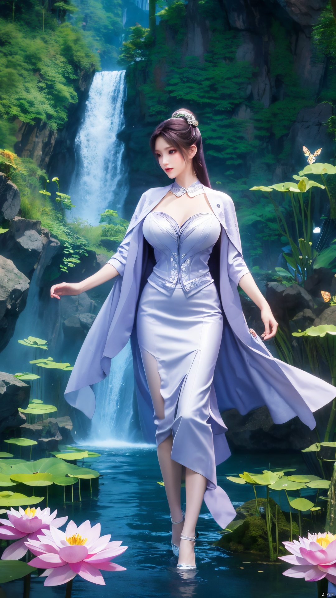  masterpiece,(best quality),official art,(extremely delicate and beautiful),solo,full_body,wonderland,scarlet_moon,moonlight, 1girl,Xjiziyue,,(big breasts:1.59),X-Hydrangea,(flowers,Waterfall, lotus, willow, butterfly:1.23),