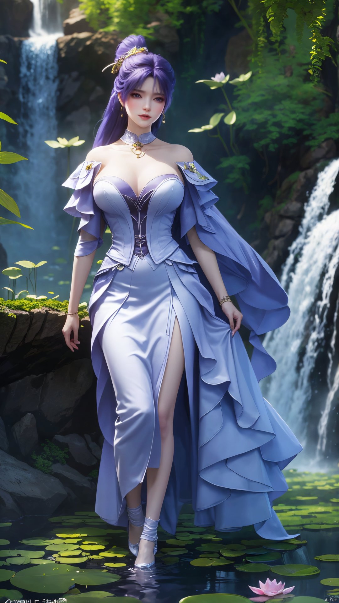  masterpiece,(best quality),official art,(extremely delicate and beautiful),solo,full_body,wonderland,scarlet_moon,moonlight, 1girl,Xjiziyue,,(big breasts:1.59),X-Hydrangea,(flowers,Waterfall, lotus, willow, butterfly:1.23),