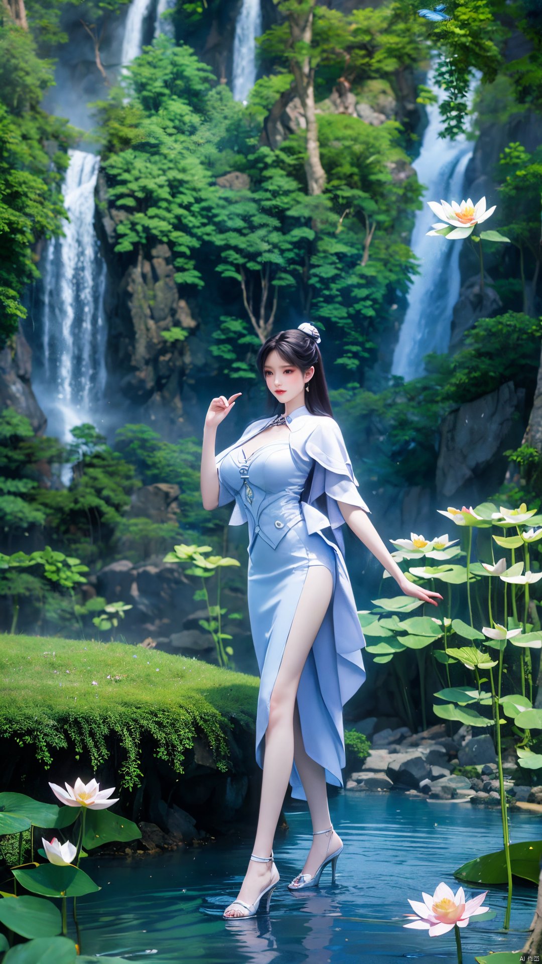  masterpiece,(best quality),official art,(extremely delicate and beautiful),solo,full_body,wonderland,scarlet_moon,moonlight, 1girl,Xjiziyue,,(big breasts:1.59),X-Hydrangea,(flowers,Waterfall, lotus, willow, butterfly:1.23),