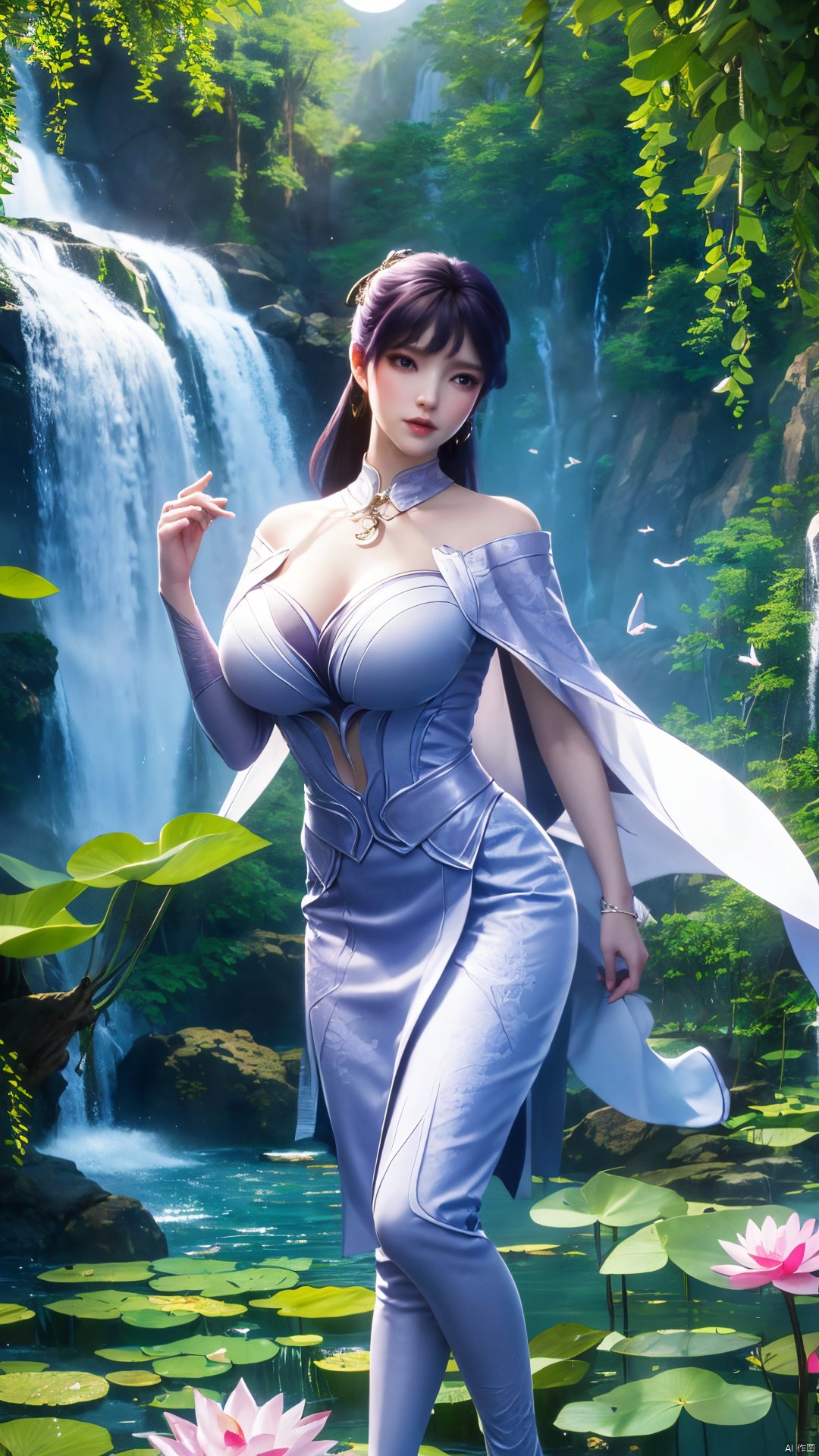  masterpiece,(best quality),official art,(extremely delicate and beautiful),solo,full_body,wonderland,scarlet_moon,moonlight, 1girl,Xjiziyue,,(big breasts:1.59),X-Hydrangea,(flowers,Waterfall, lotus, willow, butterfly:1.23),