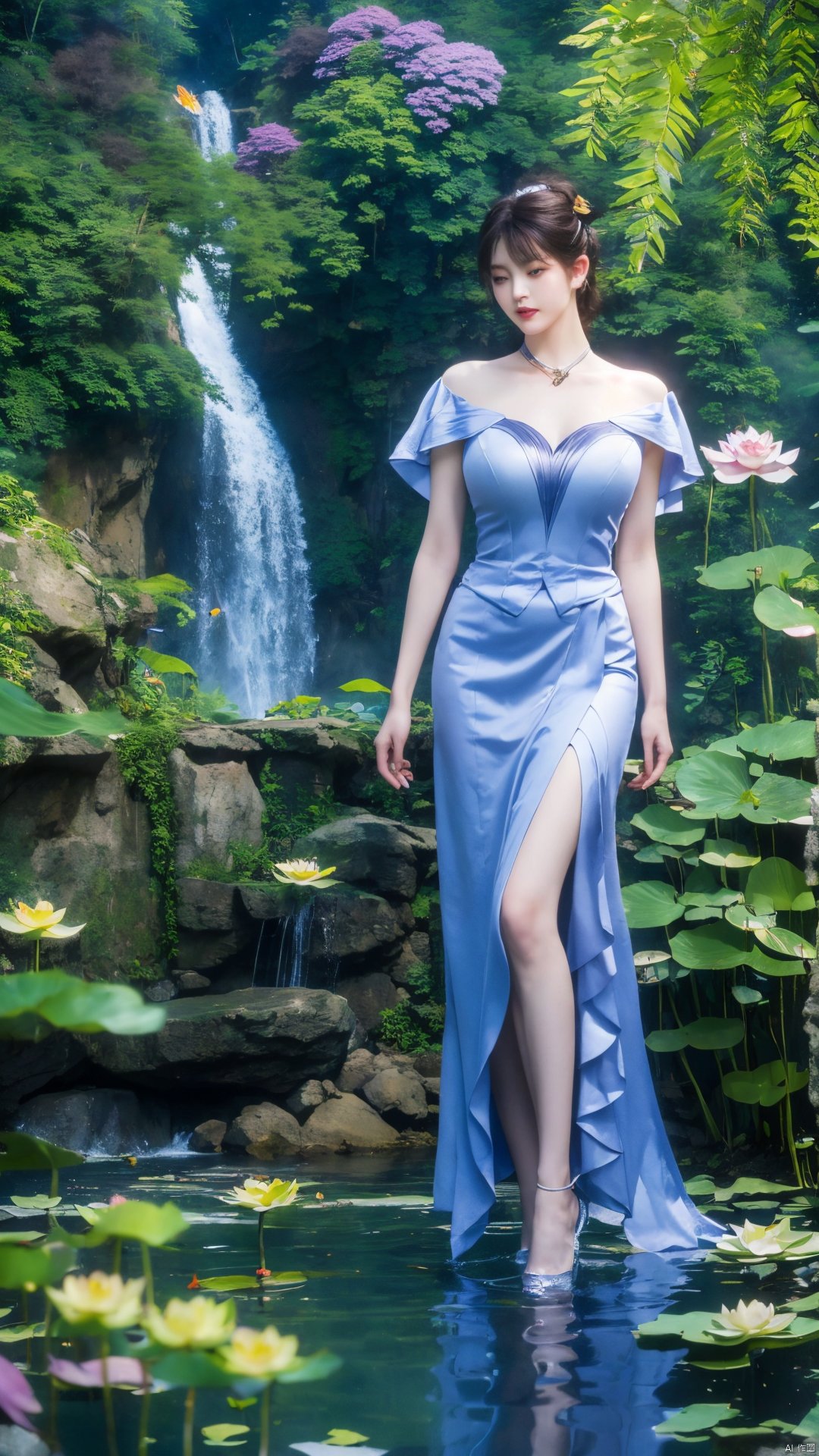  masterpiece,(best quality),official art,(extremely delicate and beautiful),solo,full_body,wonderland,scarlet_moon,moonlight, 1girl,Xjiziyue,,(big breasts:1.59),X-Hydrangea,(flowers,Waterfall, lotus, willow, butterfly:1.23),