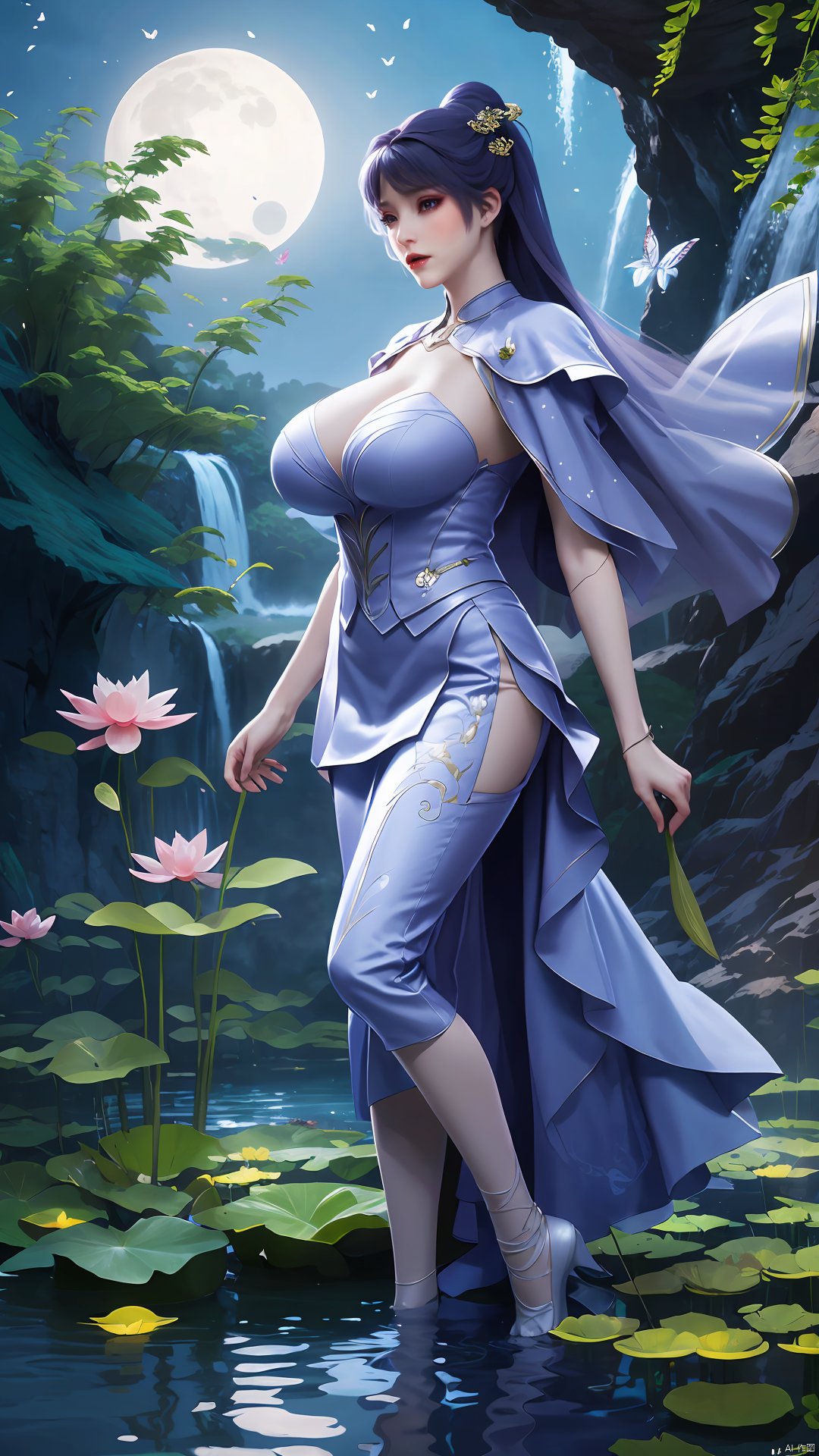  masterpiece,(best quality),official art,(extremely delicate and beautiful),solo,full_body,wonderland,scarlet_moon,moonlight, 1girl,Xjiziyue,,(big breasts:1.59),X-Hydrangea,(flowers,Waterfall, lotus, willow, butterfly:1.23),