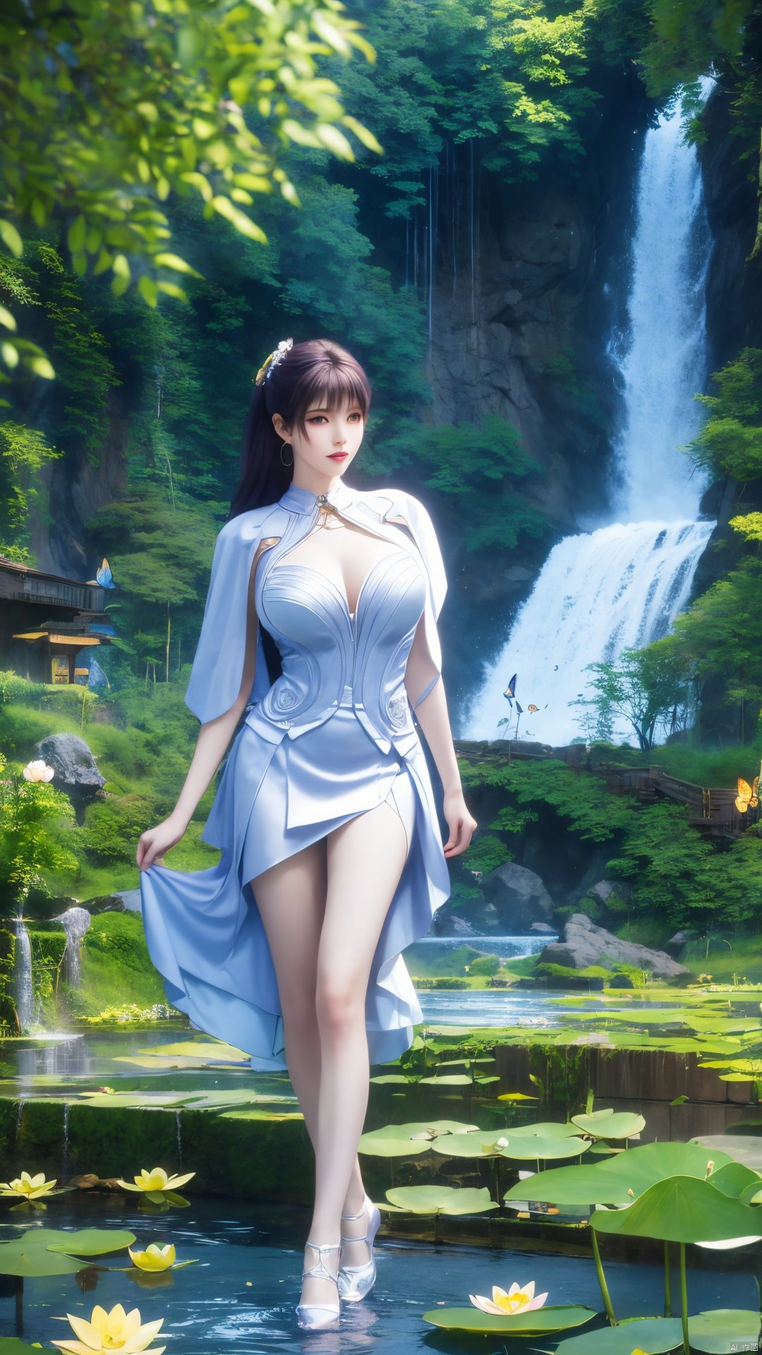  masterpiece,(best quality),official art,(extremely delicate and beautiful),solo,full_body,wonderland,scarlet_moon,moonlight, 1girl,Xjiziyue,,(big breasts:1.59),X-Hydrangea,(flowers,Waterfall, lotus, willow, butterfly:1.23),