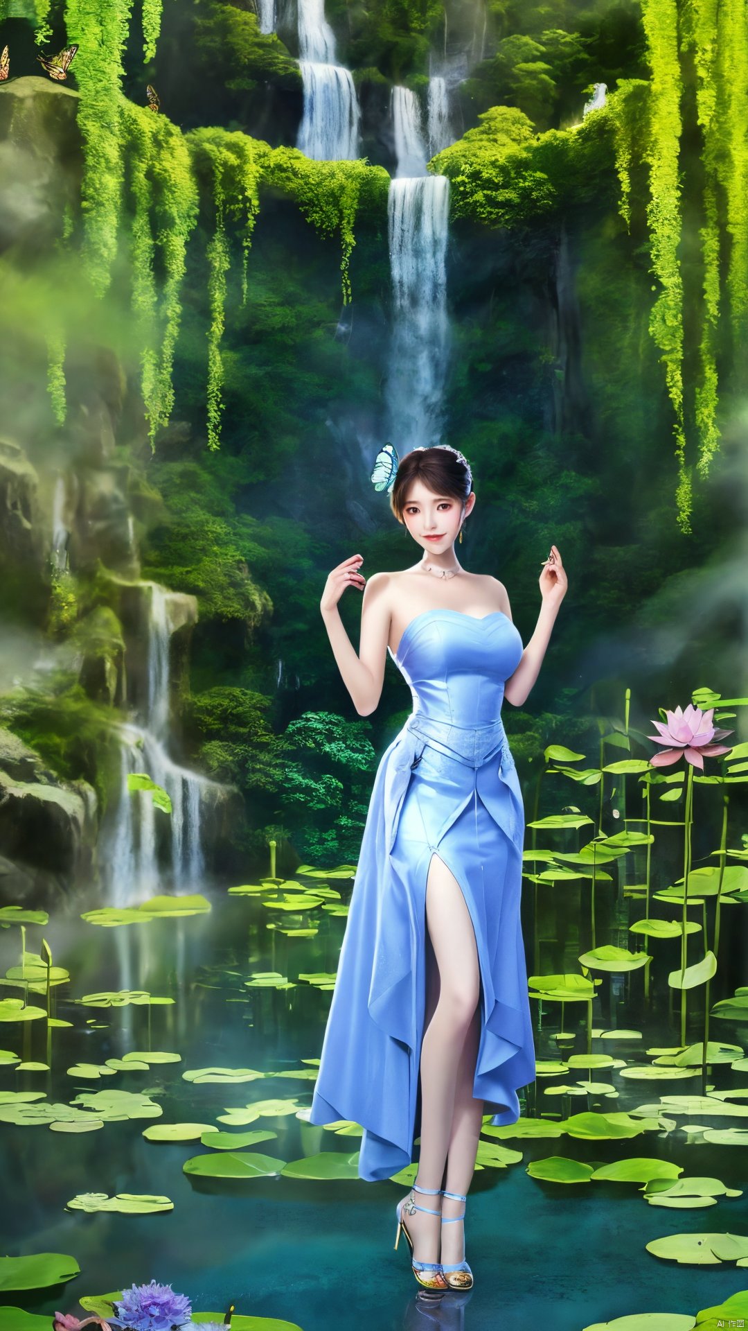  masterpiece,(best quality),official art,(extremely delicate and beautiful),solo,full_body,wonderland,scarlet_moon,moonlight, 1girl,Xjiziyue,,(big breasts:1.59),X-Hydrangea,(flowers,Waterfall, lotus, willow, butterfly:1.23),