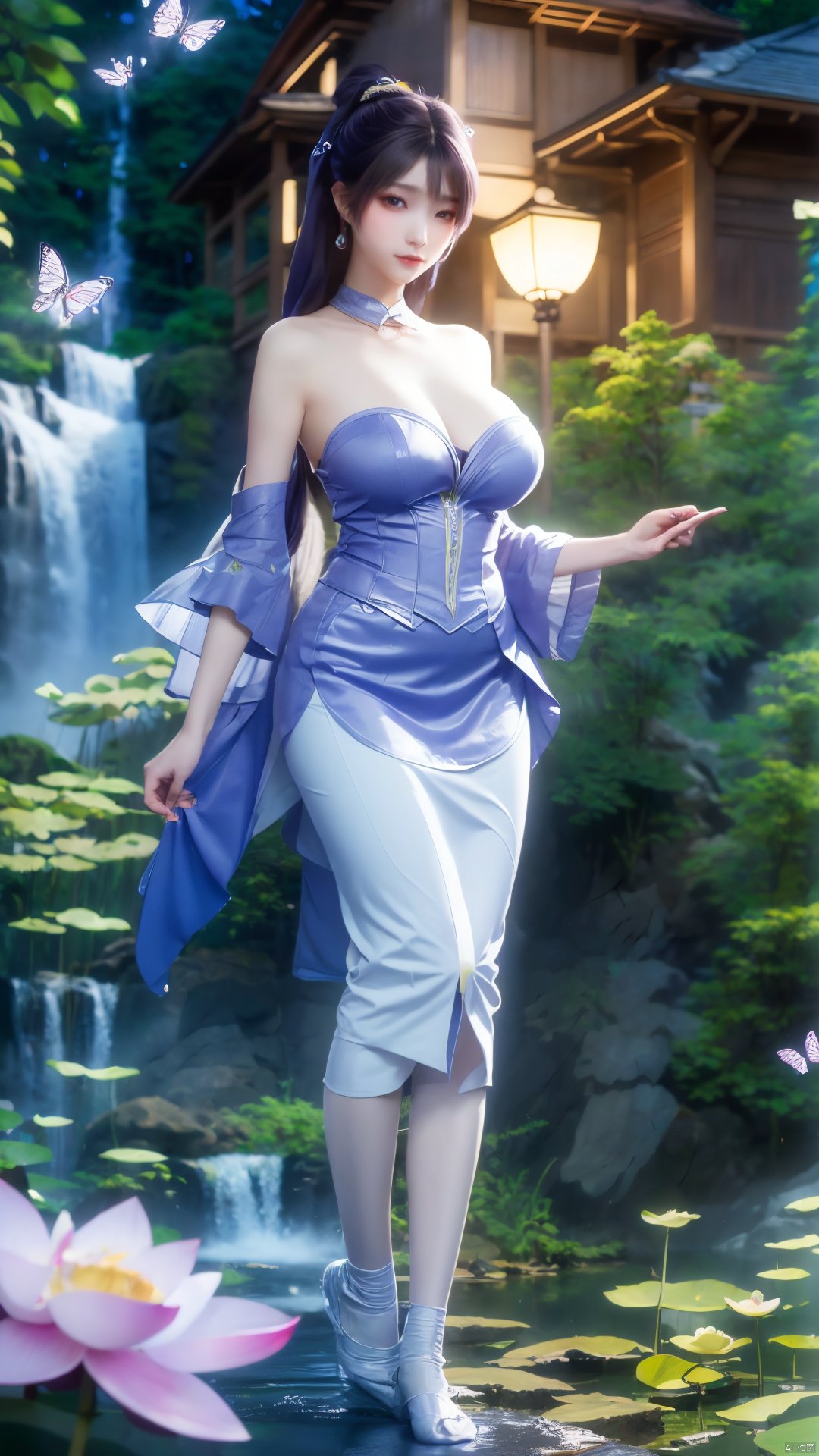  masterpiece,(best quality),official art,(extremely delicate and beautiful),solo,full_body,wonderland,scarlet_moon,moonlight, 1girl,Xjiziyue,,(big breasts:1.59),X-Hydrangea,(flowers,Waterfall, lotus, willow, butterfly:1.23),