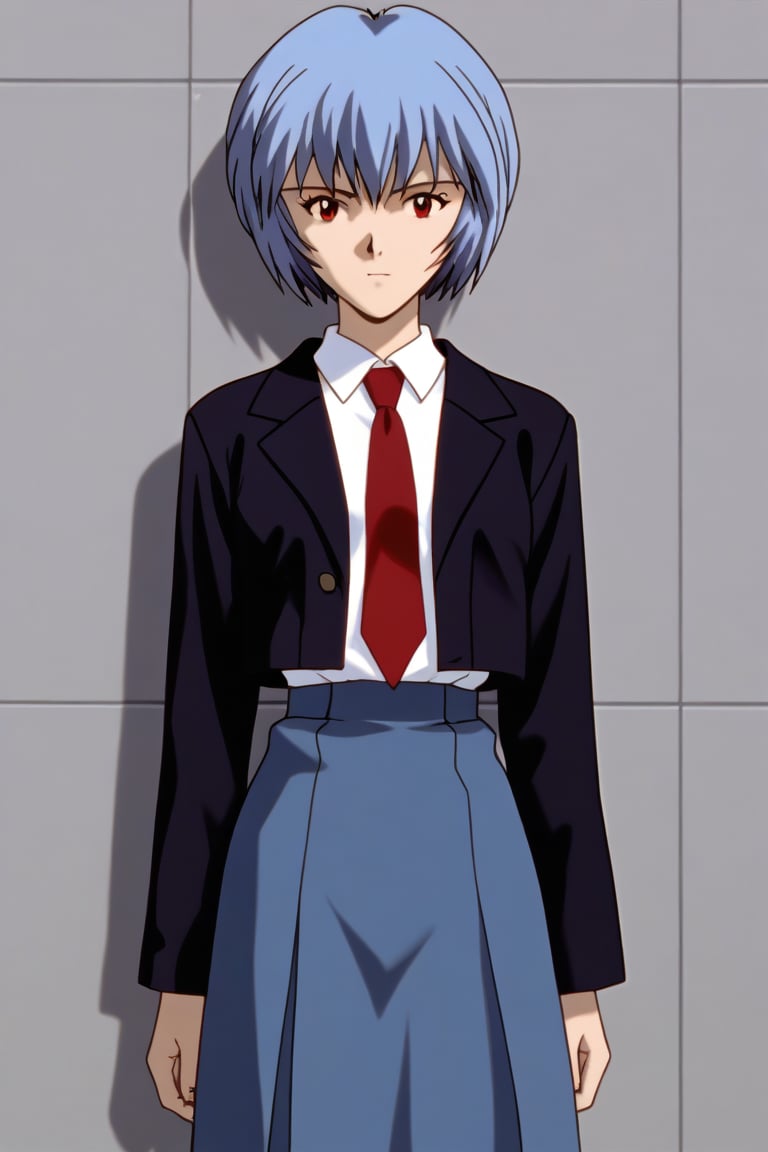 white shirt, black jacket, red tie, blue skirt, looking at viewer, standing, solo,ayanami rei,blue hair,short hair,red eyes, school uniform