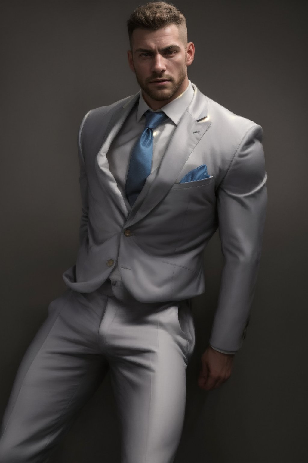 (maserpiece, realistic, ultrarealistic): portrait of 1man, in a satin suit, clear face and strong arms and legs