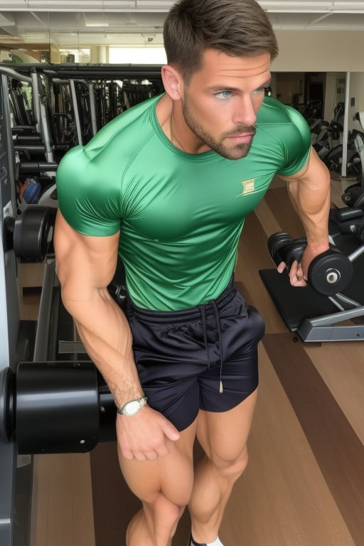 Realistic, masterpiece, solo, muscular man, green eyes, dutch pose, looking at viewer, glanz shorts, shiny shirt, shorts bulgeJ:1.4, running on a treadmill in gym, looking at viewer