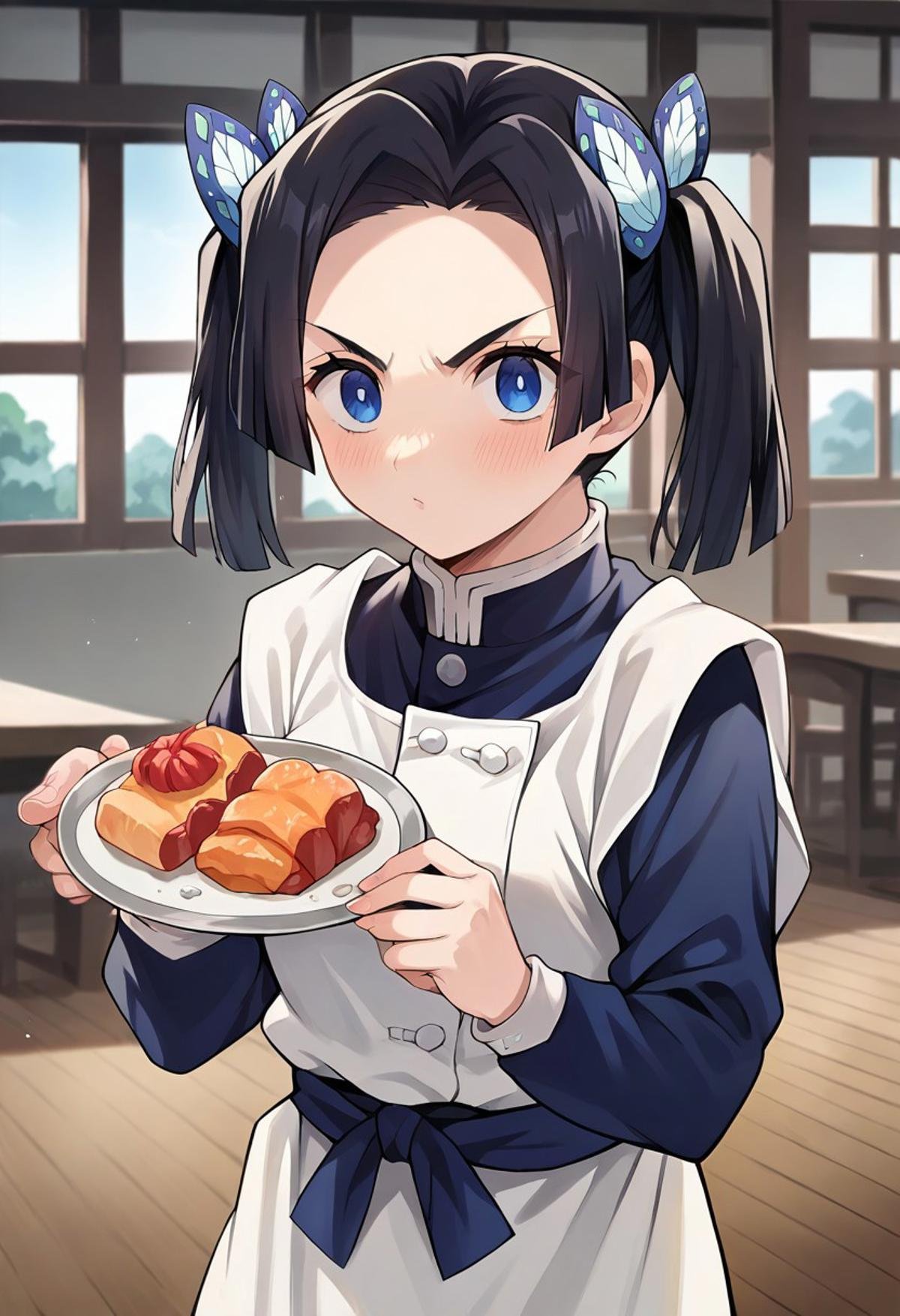 score_9, score_8_up, score_7_up, source_anime, masterpiece, 1girl, ct_a01, white apron, short over long sleeves, sash, indoors, looking at viewer, v-shaped eyebrows, blush, holding food plate, facing viewer,