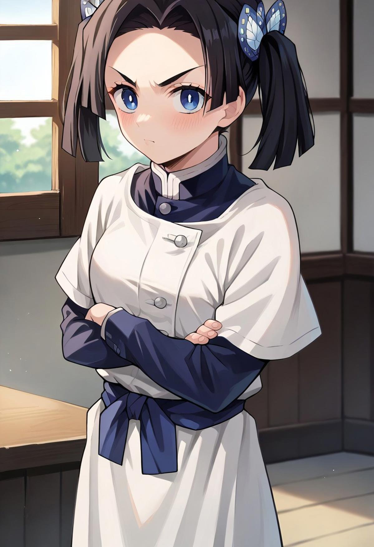 score_9, score_8_up, score_7_up, source_anime, masterpiece, 1girl, black hair, ct_a01, white apron, short over long sleeves, sash, indoors, looking at viewer, v-shaped eyebrows, blush, crossed arms,