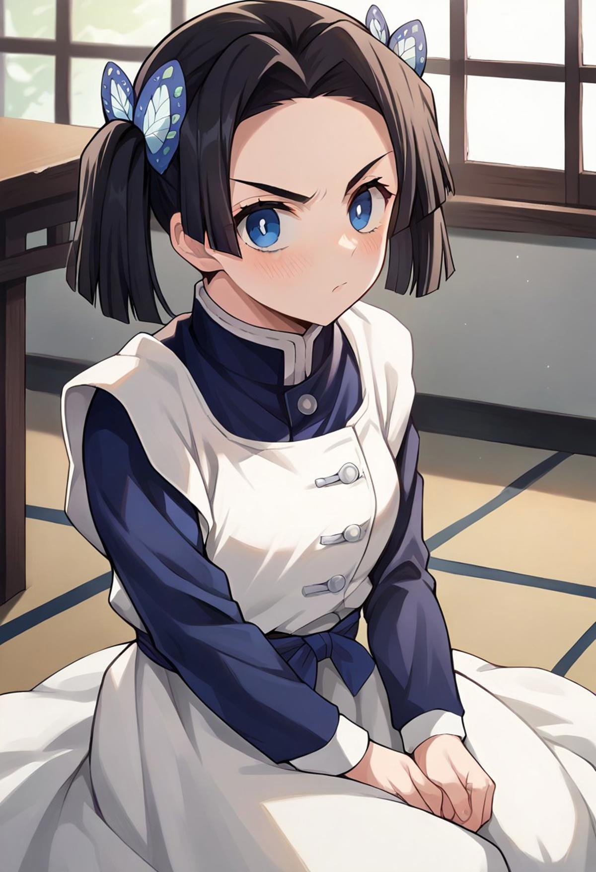 score_9, score_8_up, score_7_up, source_anime, masterpiece, 1girl, ct_a01, white apron, short over long sleeves, sash, indoors, looking at viewer, v-shaped eyebrows, sitting, blush, 