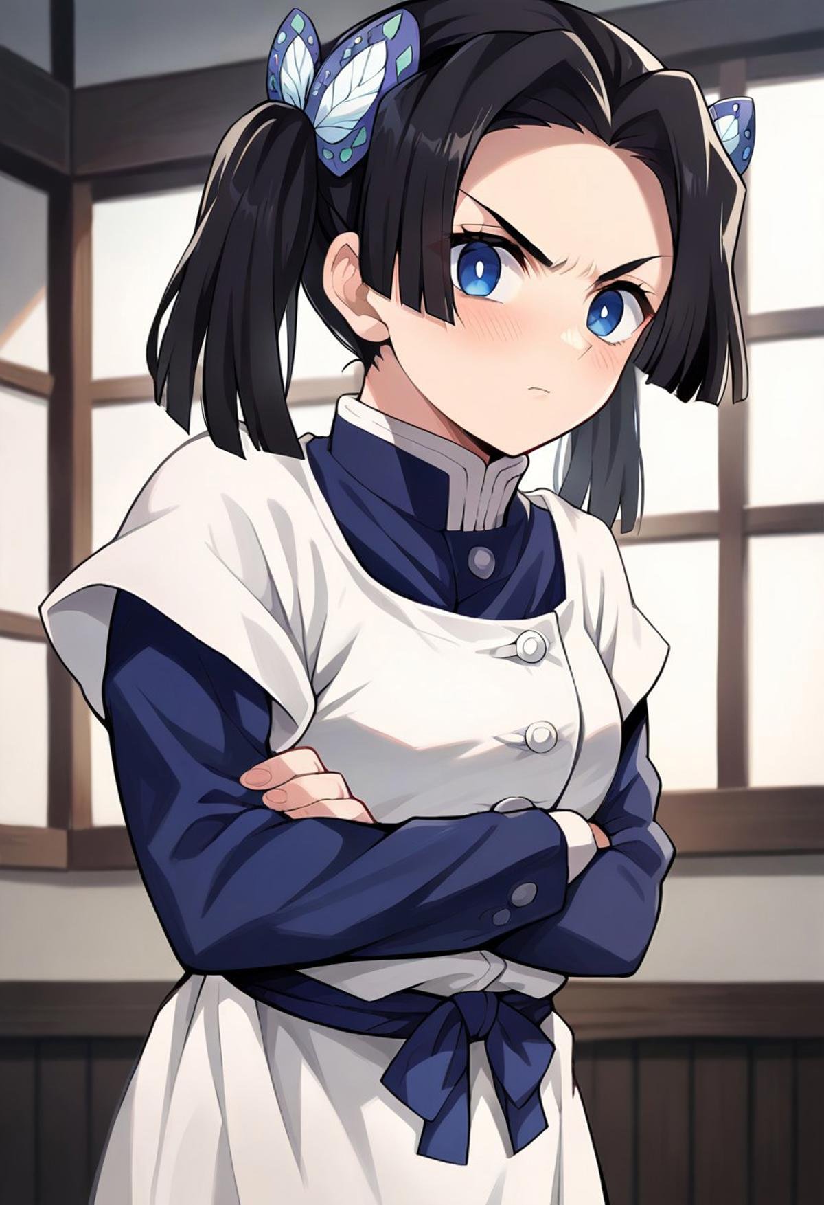 score_9, score_8_up, score_7_up, source_anime, masterpiece, 1girl, black hair, ct_a01, white apron, short over long sleeves, sash, indoors, looking at viewer, v-shaped eyebrows, blush, crossed arms,