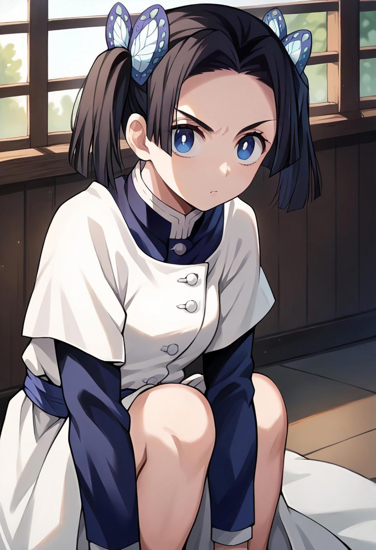 score_9, score_8_up, score_7_up, source_anime, masterpiece, 1girl, ct_a01, white apron, short over long sleeves, sash, indoors, sitting, knees up, looking up, looking at viewer, v-shaped eyebrows,